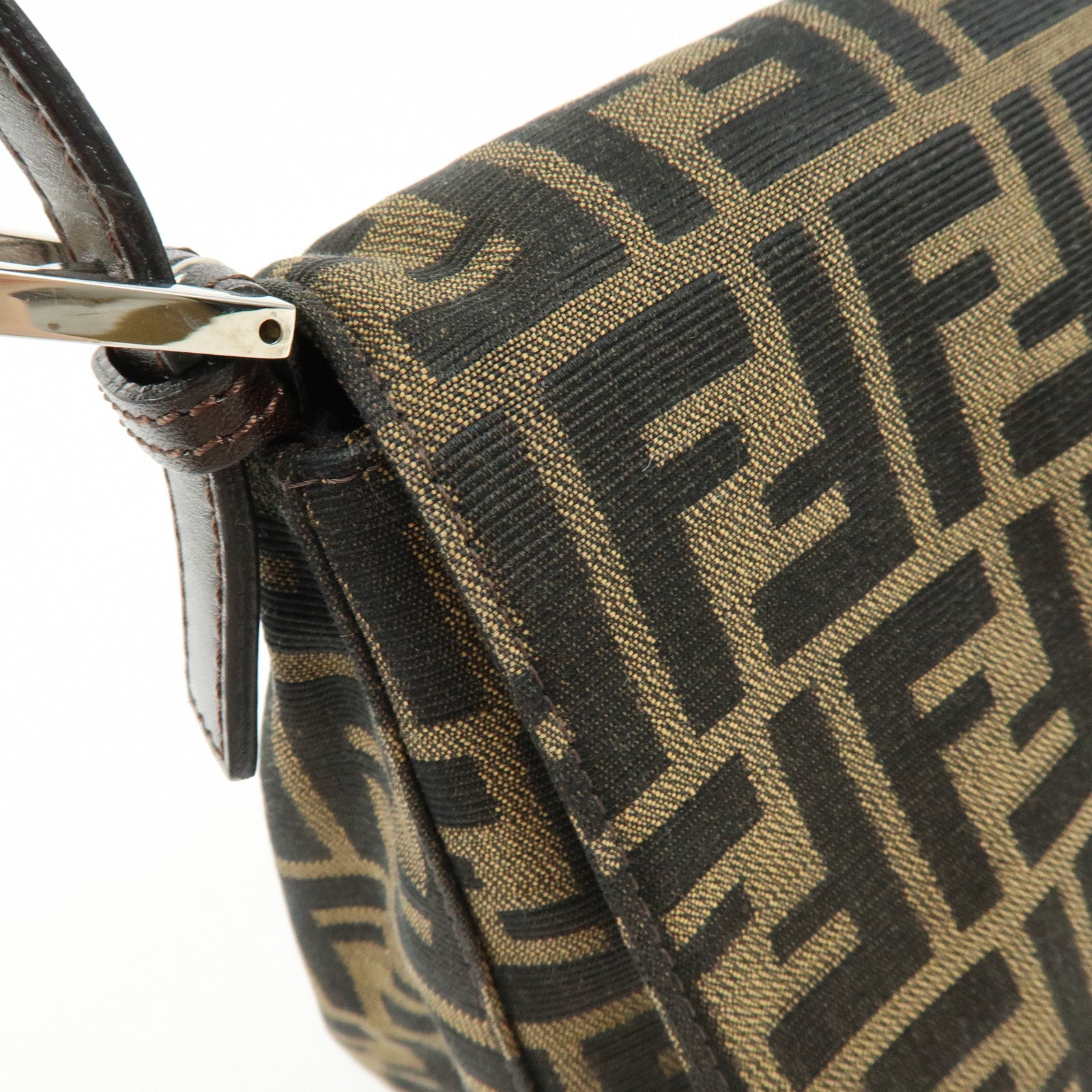 FENDI Mamma Baguette Zucca Canvas Leather Shoulder Bag Brown 26325