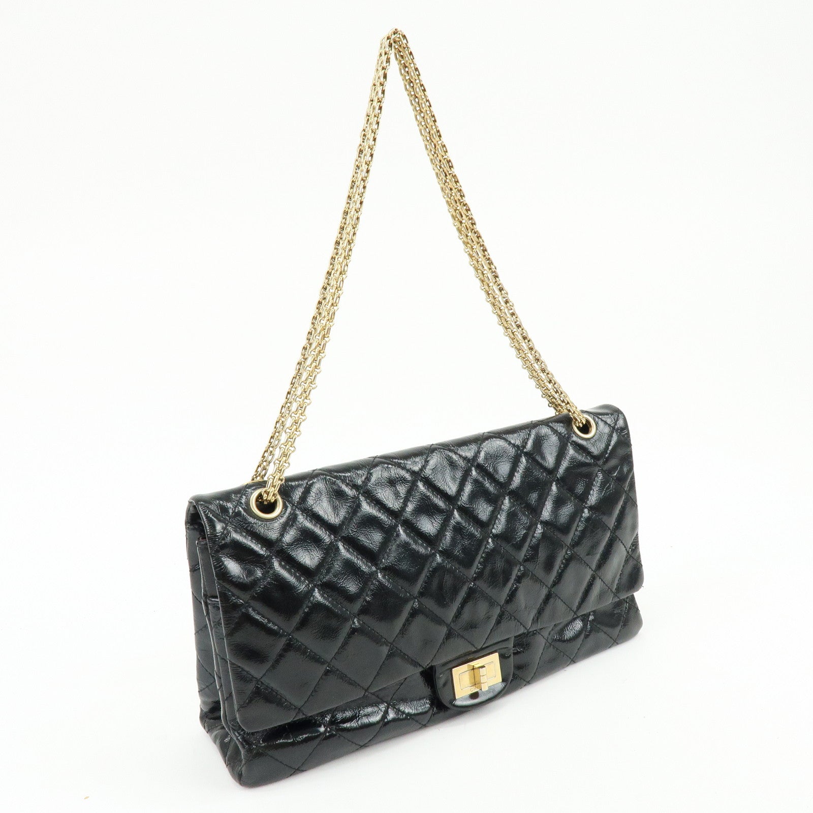 CHANEL 2.55 Patent Leather Chain Shoulder Bag Turn Lock Black