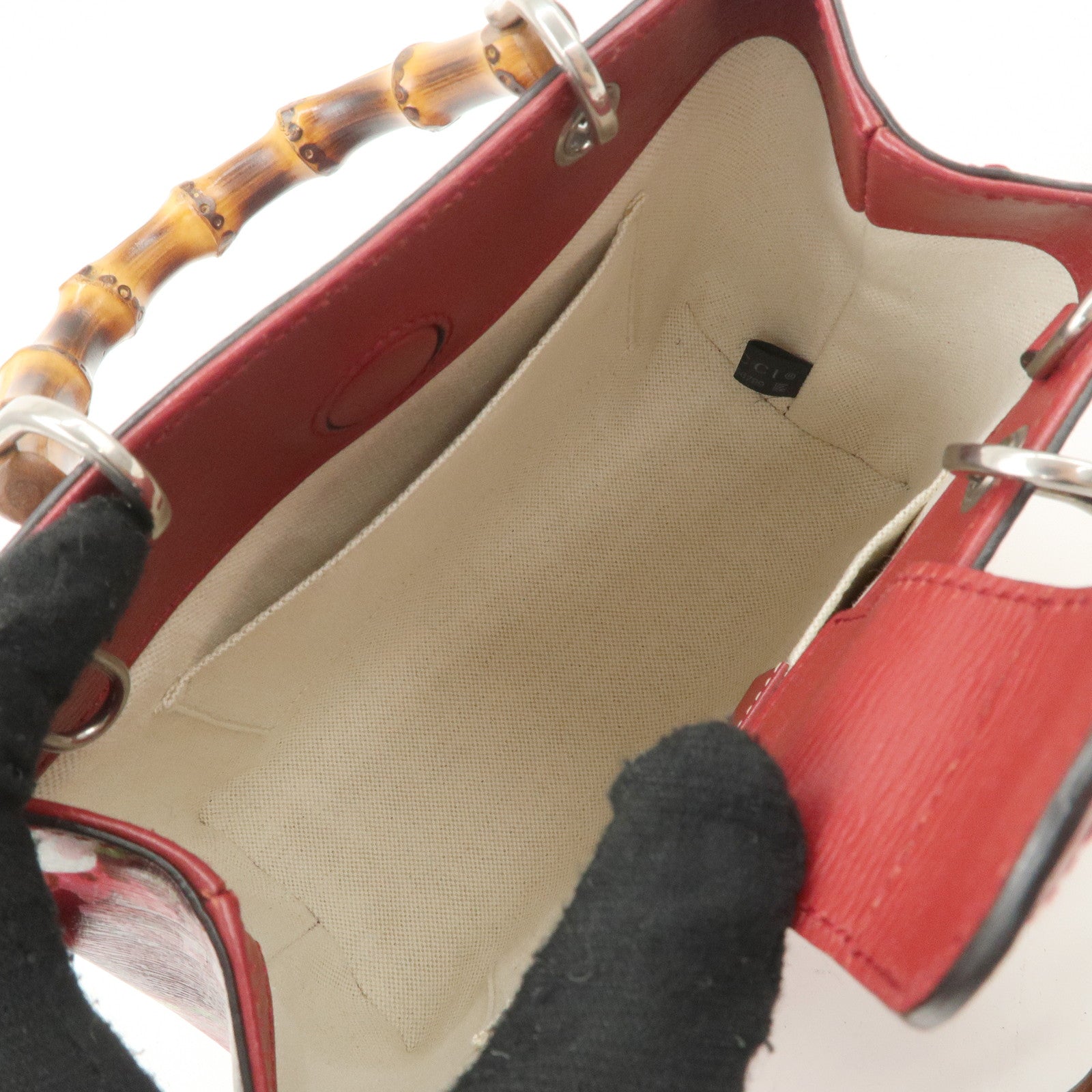 GUCCI Bamboo Leather Flower Mini Shopper 2Way Hand Bag Red 368823 Used