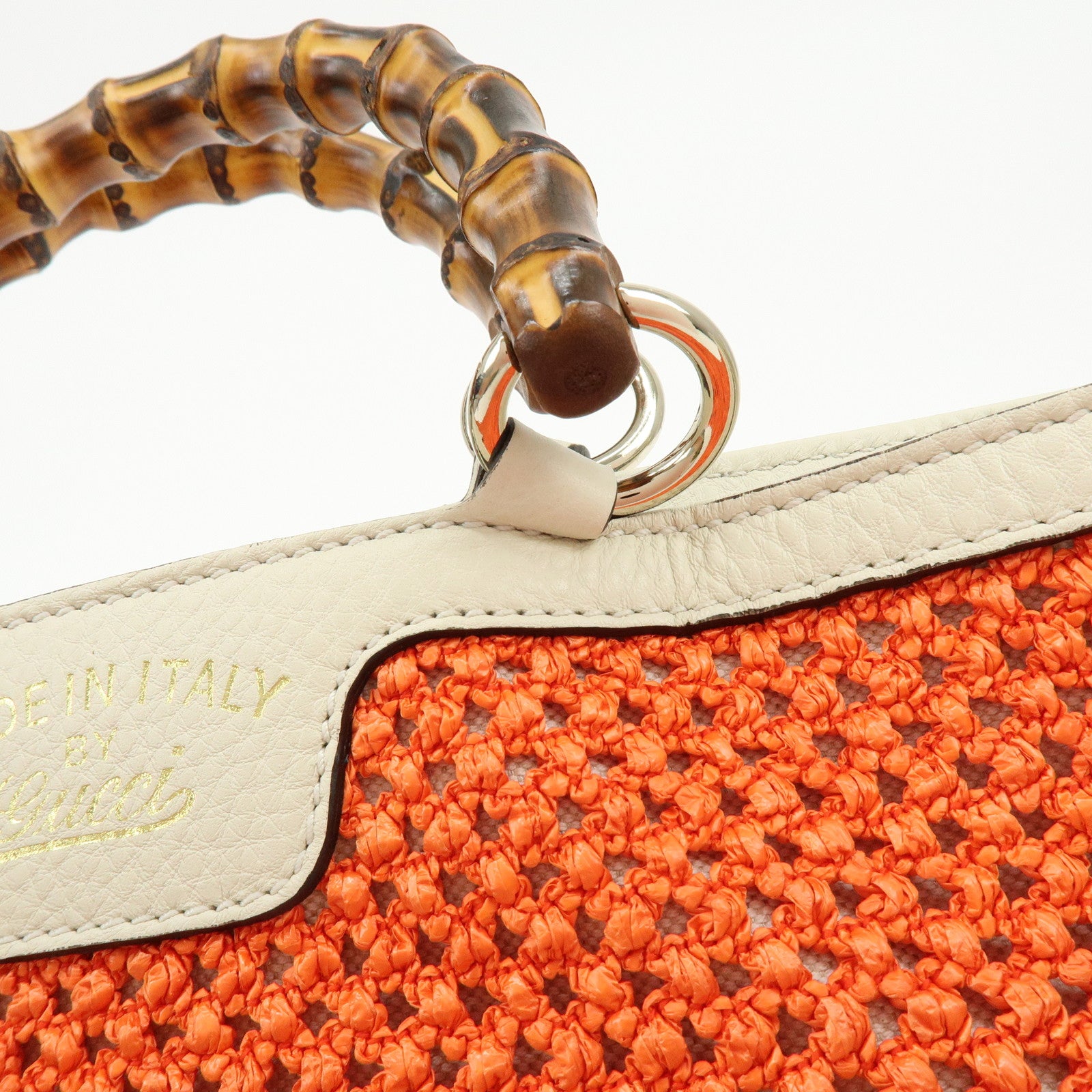 GUCCI Bamboo Raffia Leather Tote Bag Hand Bag Orange White 338965