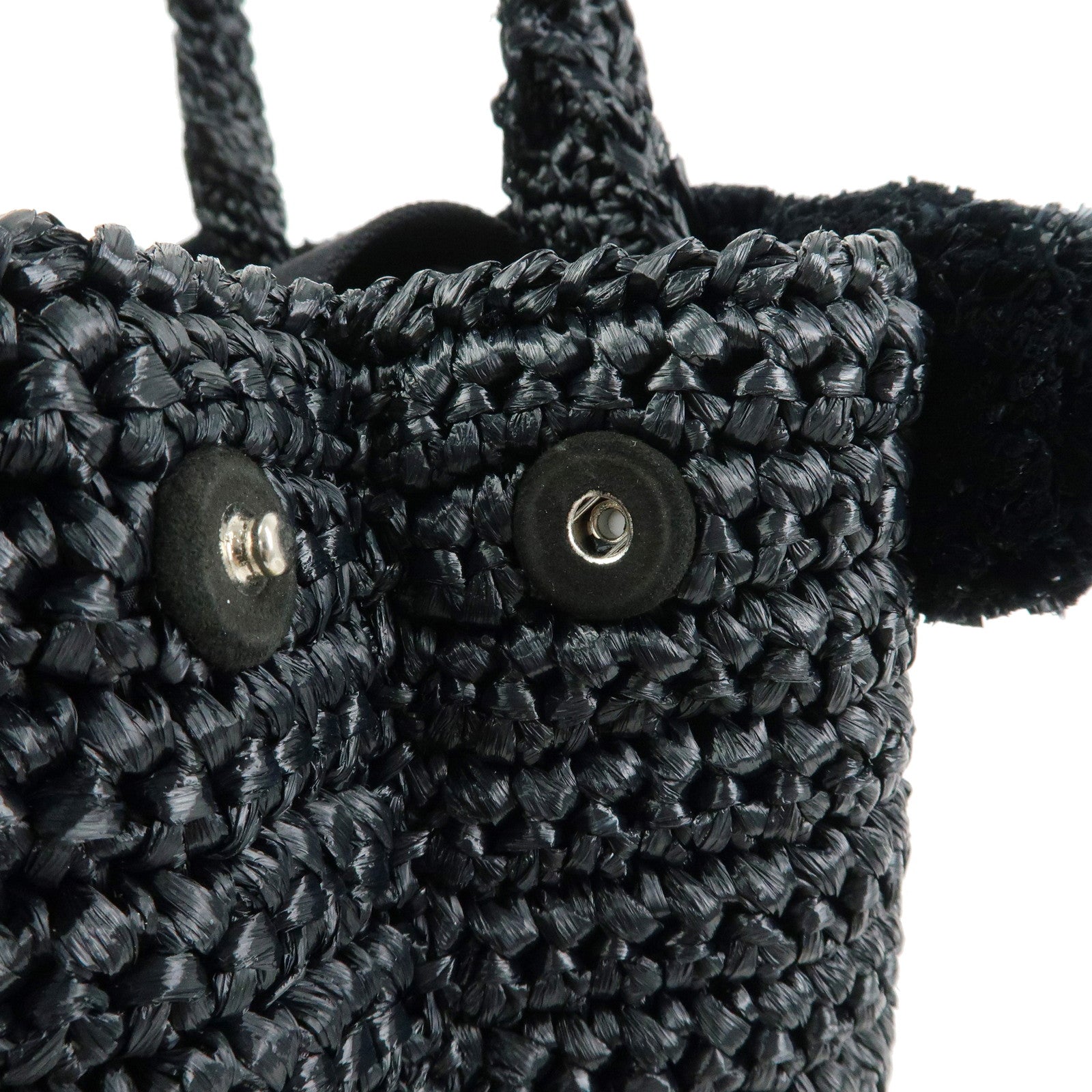 PRADA Triangle Logo Canapa Raffia Pon Pon 2Way Shoulder Tote Bag Black