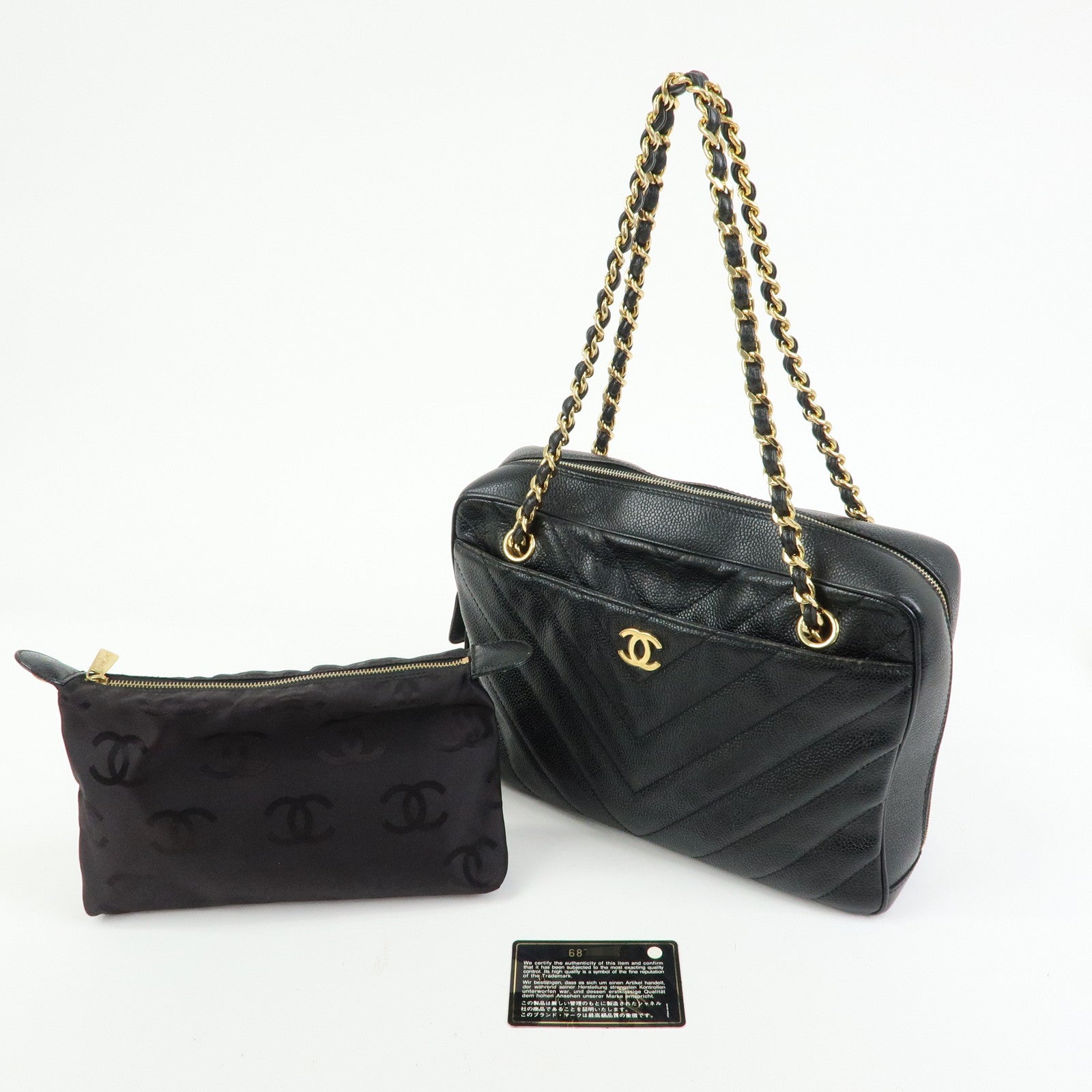 CHANEL Chevron COCO Mark Caviarskin Chain Shoulder Bag Black