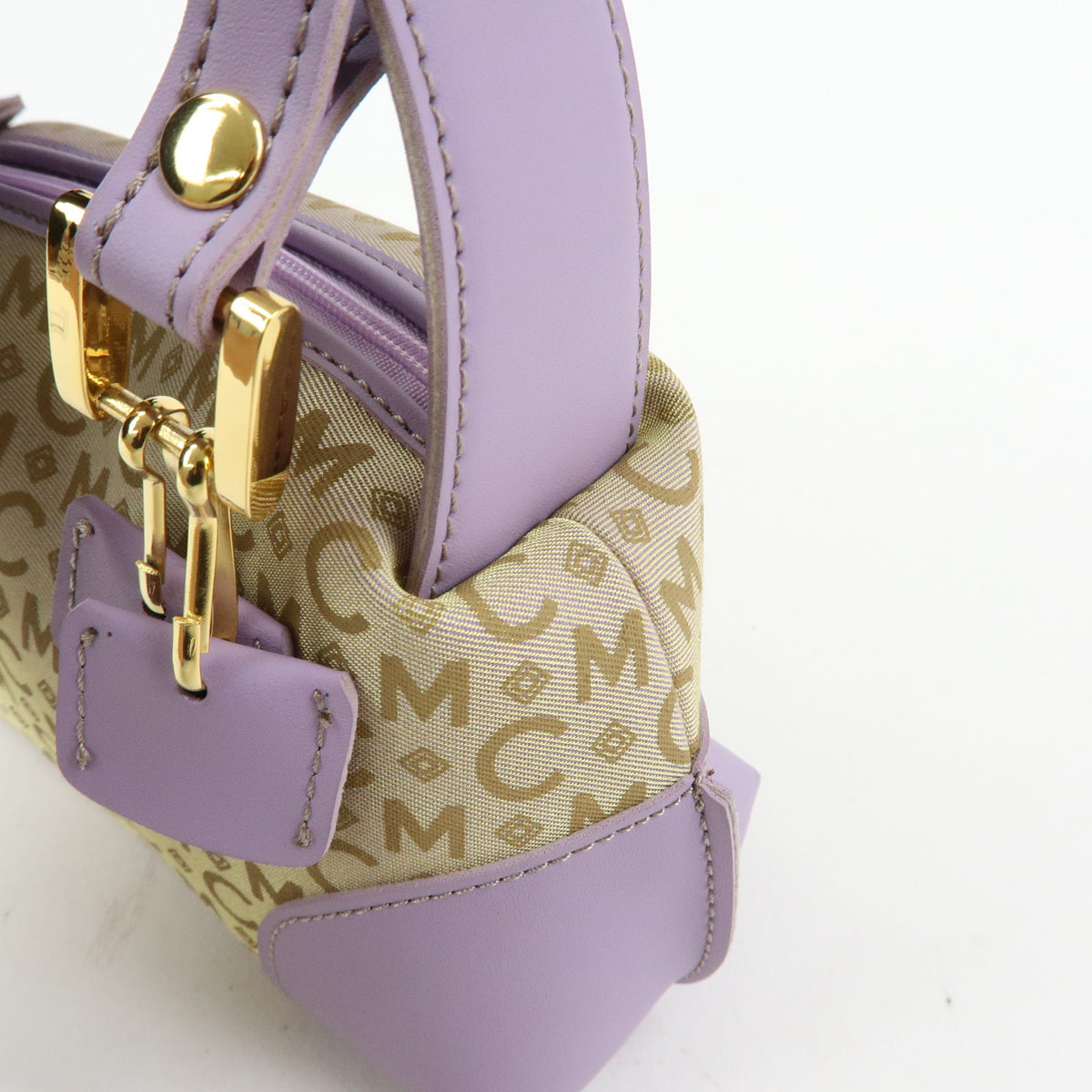 MCM Visetos Jacquard Canvas Leather Mini Hand Bag Beige Purple