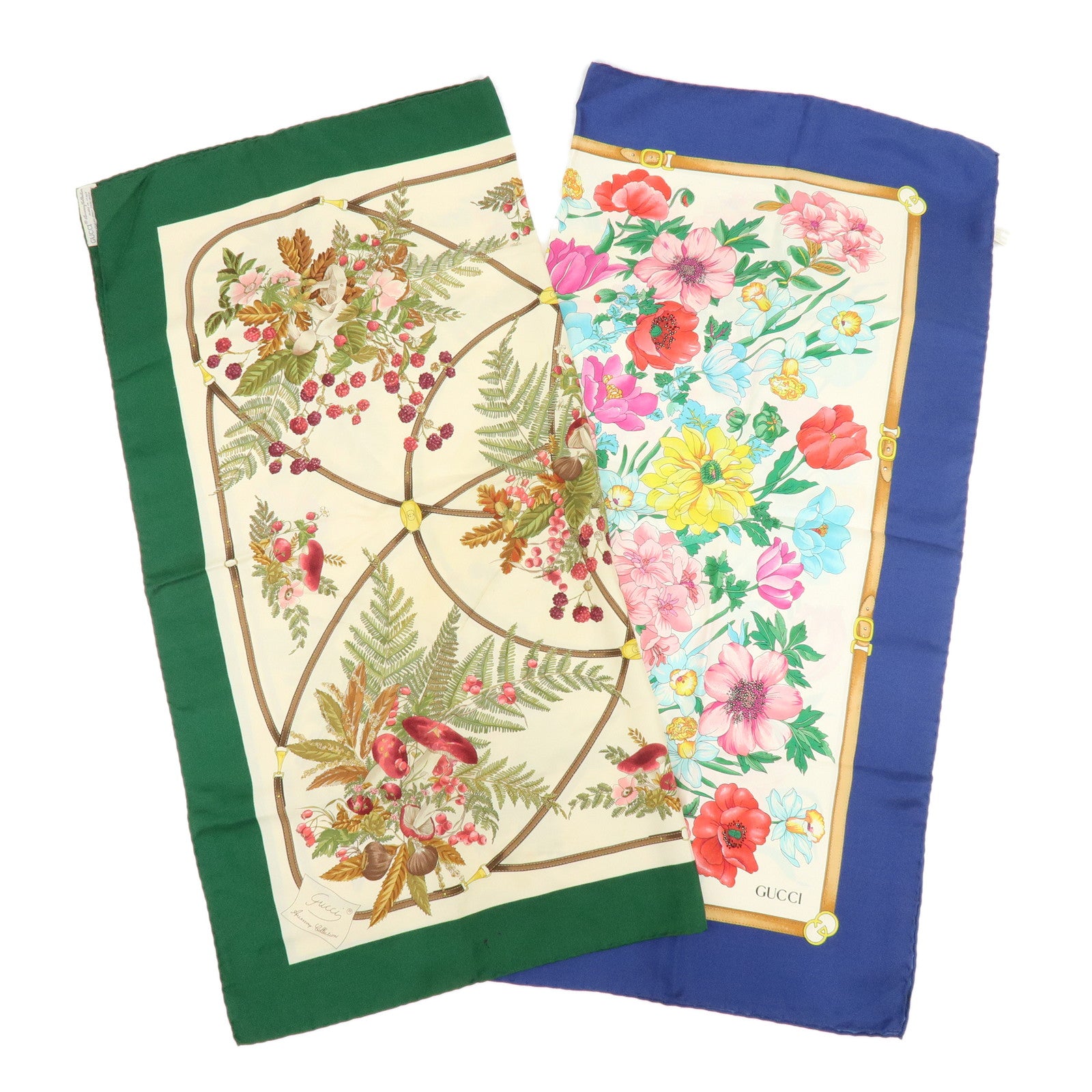 GUCCI Set of 2 Silk 100% Scarf Flower Mushroom Motif Green Navy