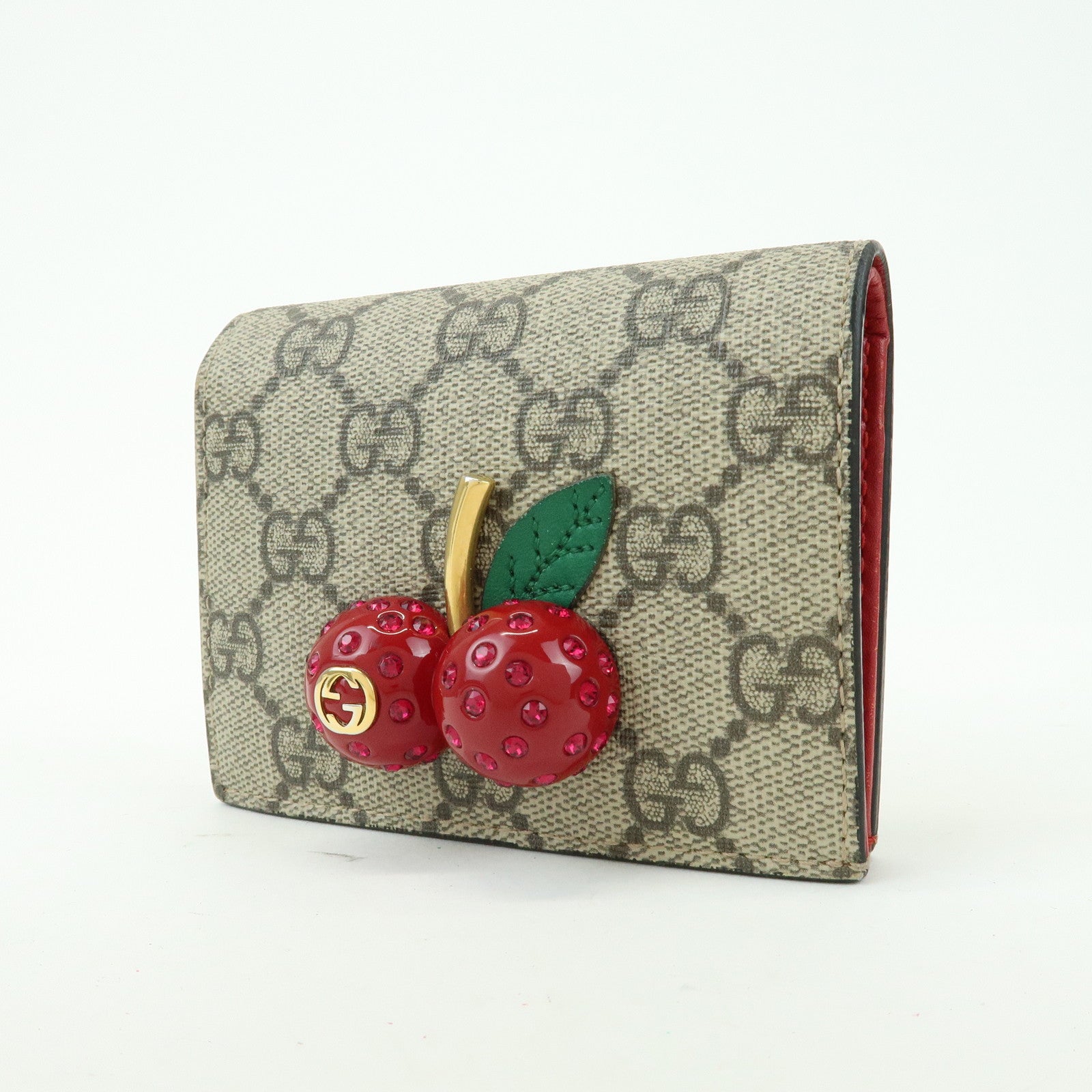 GUCCI Interlocking G Cherry GG Supreme Compact Wallet Beige 476050
