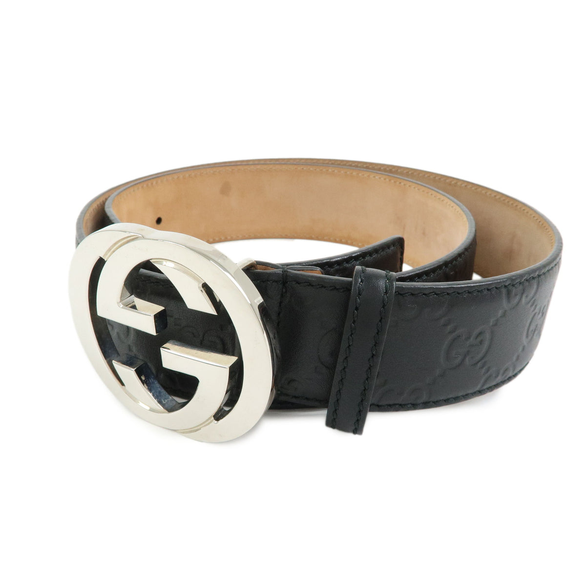 GUCCI Interlocking G Guccissima Leather Belt Black Silver 114984