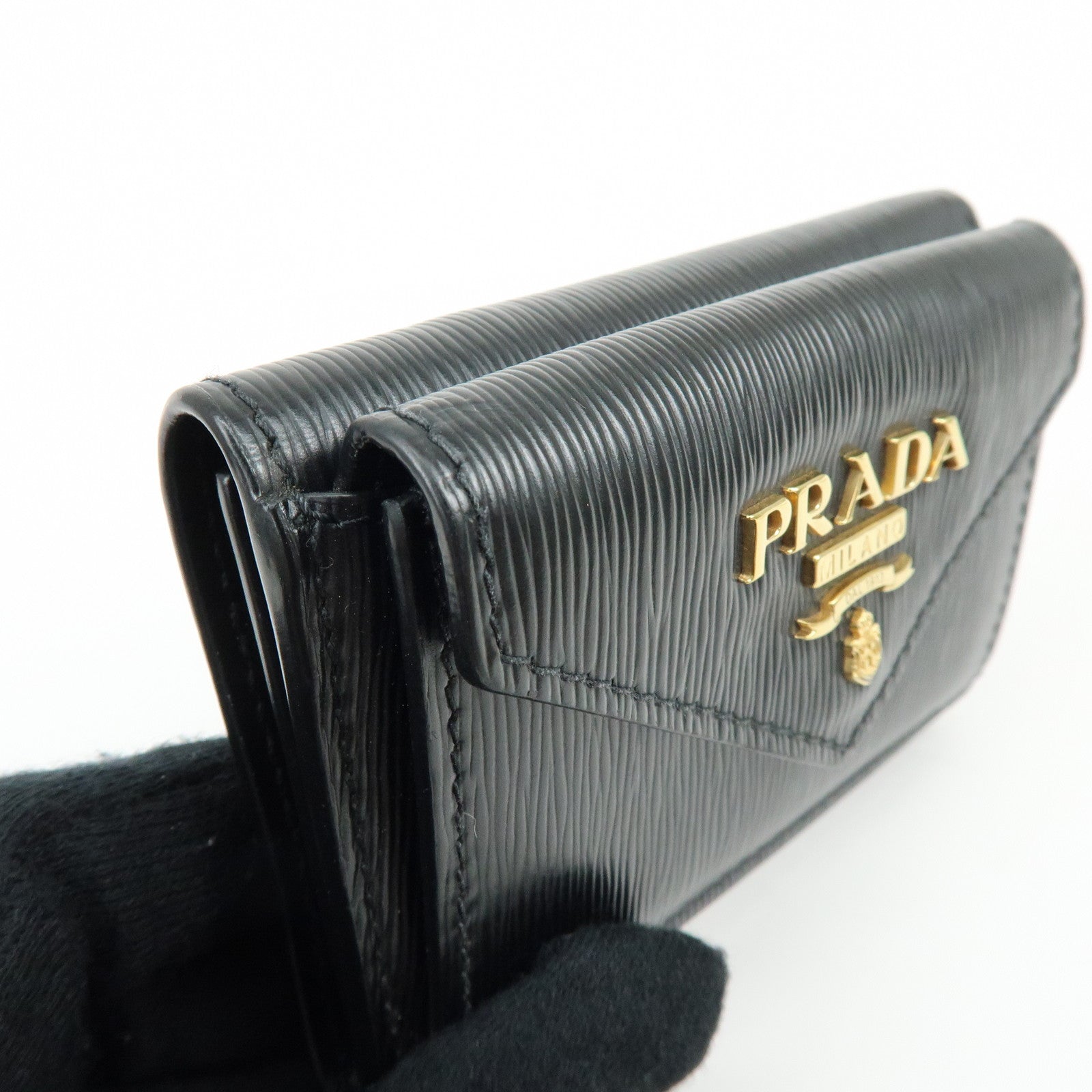 PRADA Vitello Move Leather Tri-fold Compact Wallet Black 1MH021