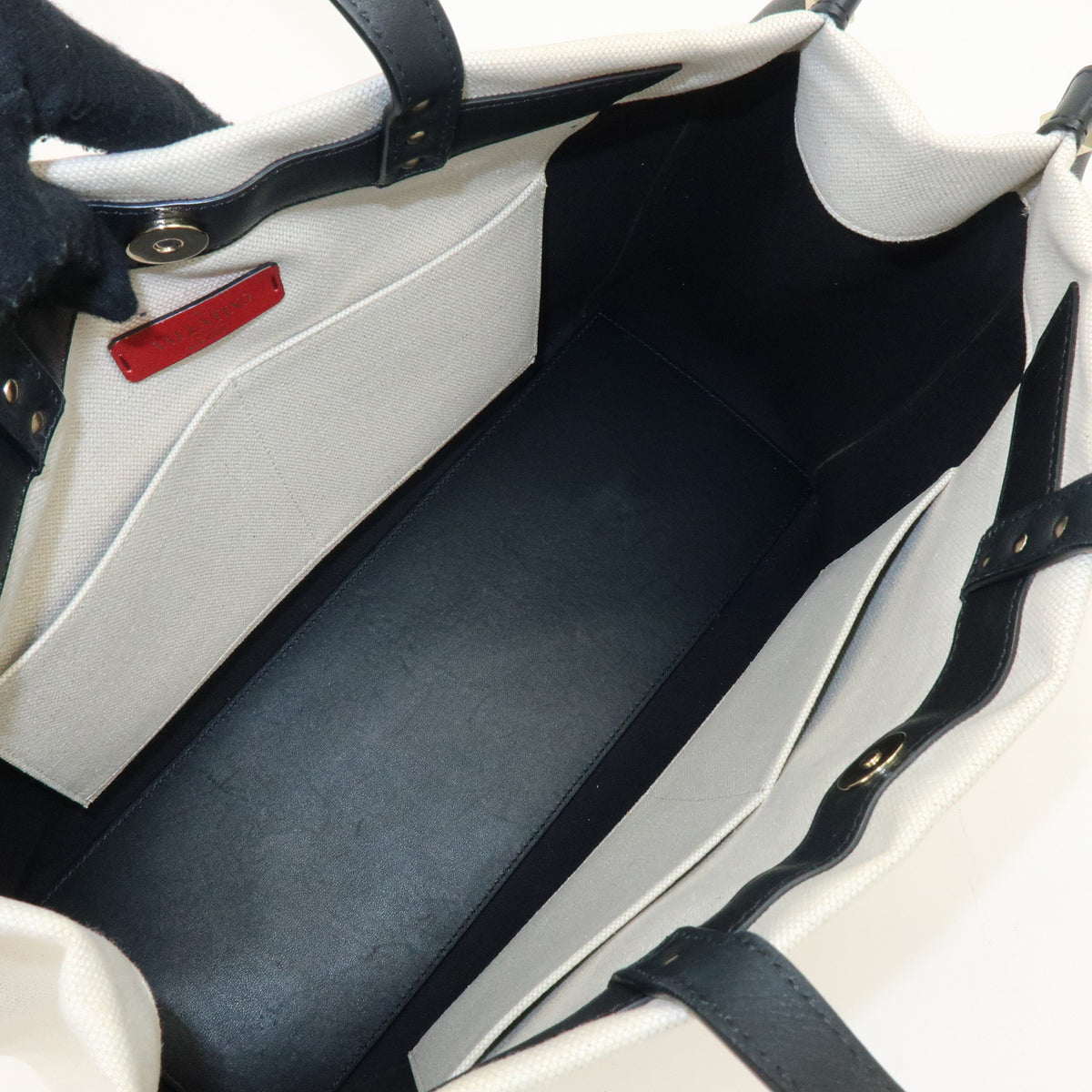 VALENTINO VLTN Rockstud Canvas Leather Tote Bag Hand Bag White Black