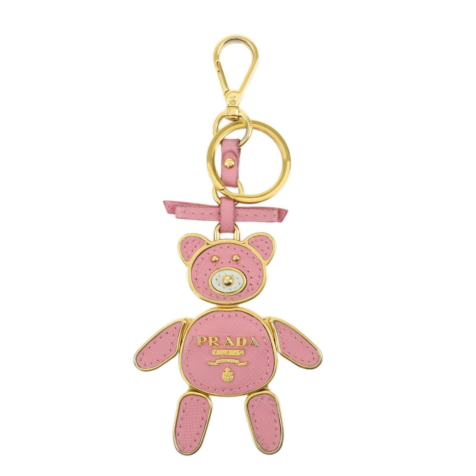 PRADA Metal Saffiano Leather Bag Charm Key Charm Bear Motif Pink