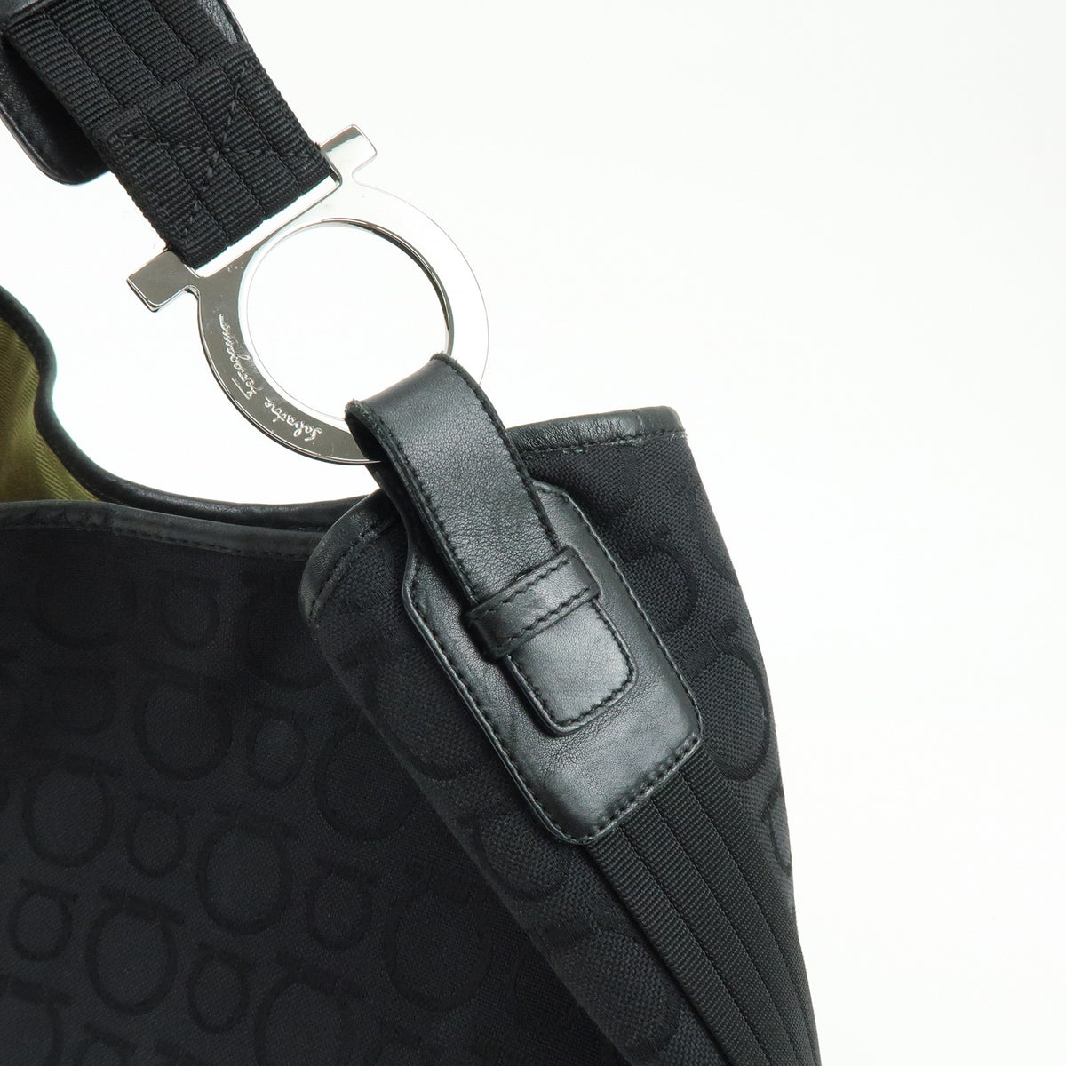 Ferragamo Gancini Canvas Leather Shoulder Bag Hand Bag Black