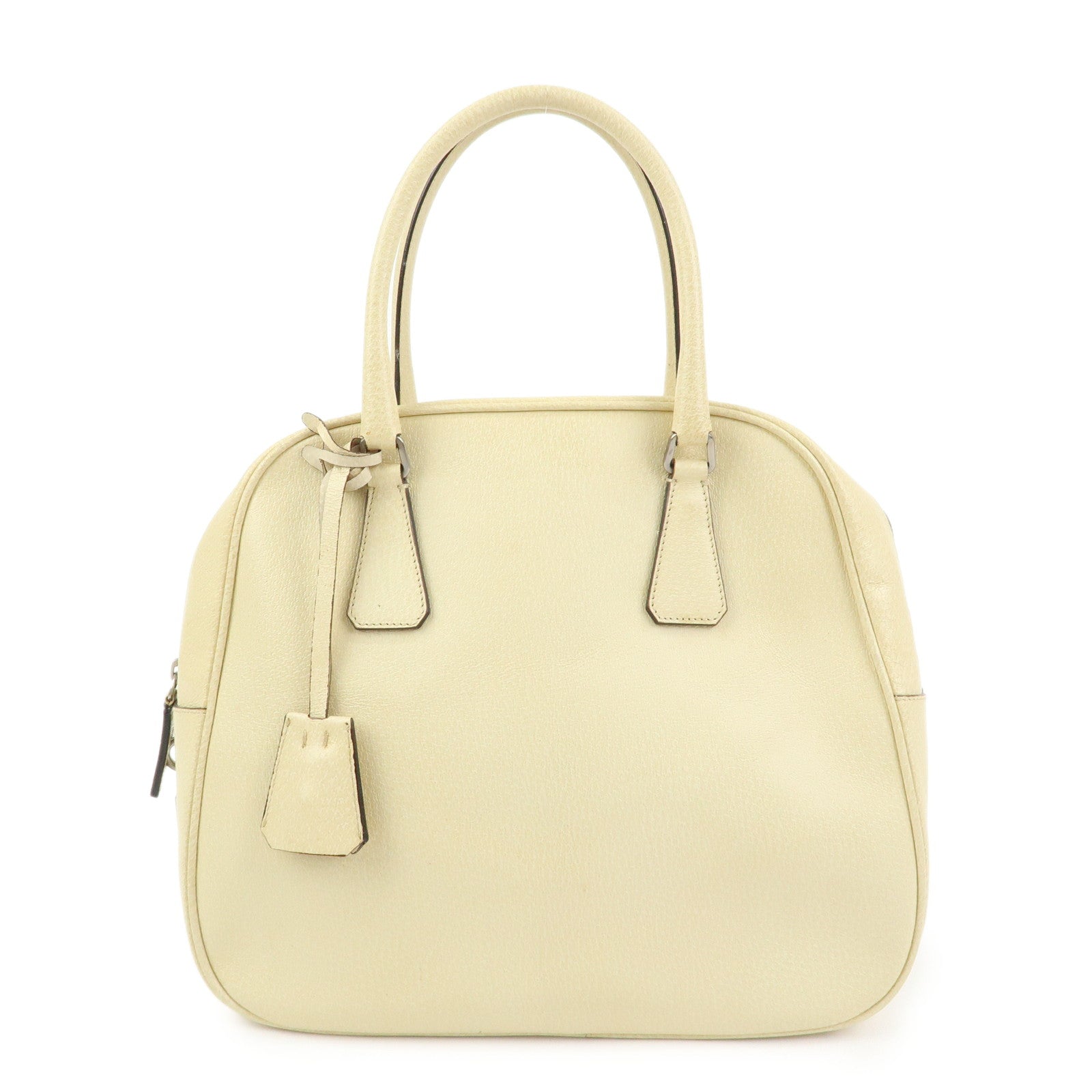 Prada Triangle Logo Leather Hand Bag Dome Bag Beige B11209
