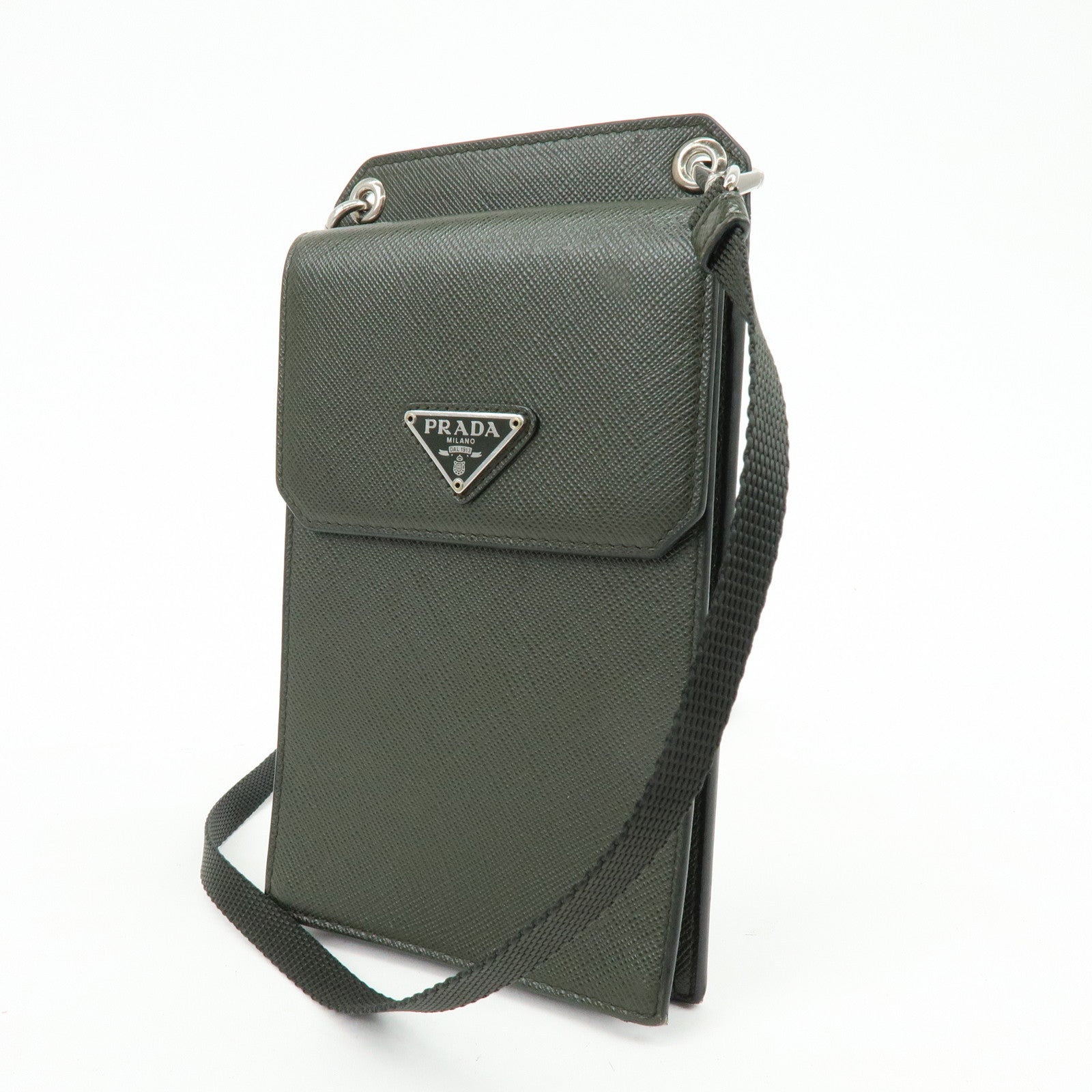 PRADA Triangle Logo Saffiano Leather Adjustable Shoulder Bag Khaki