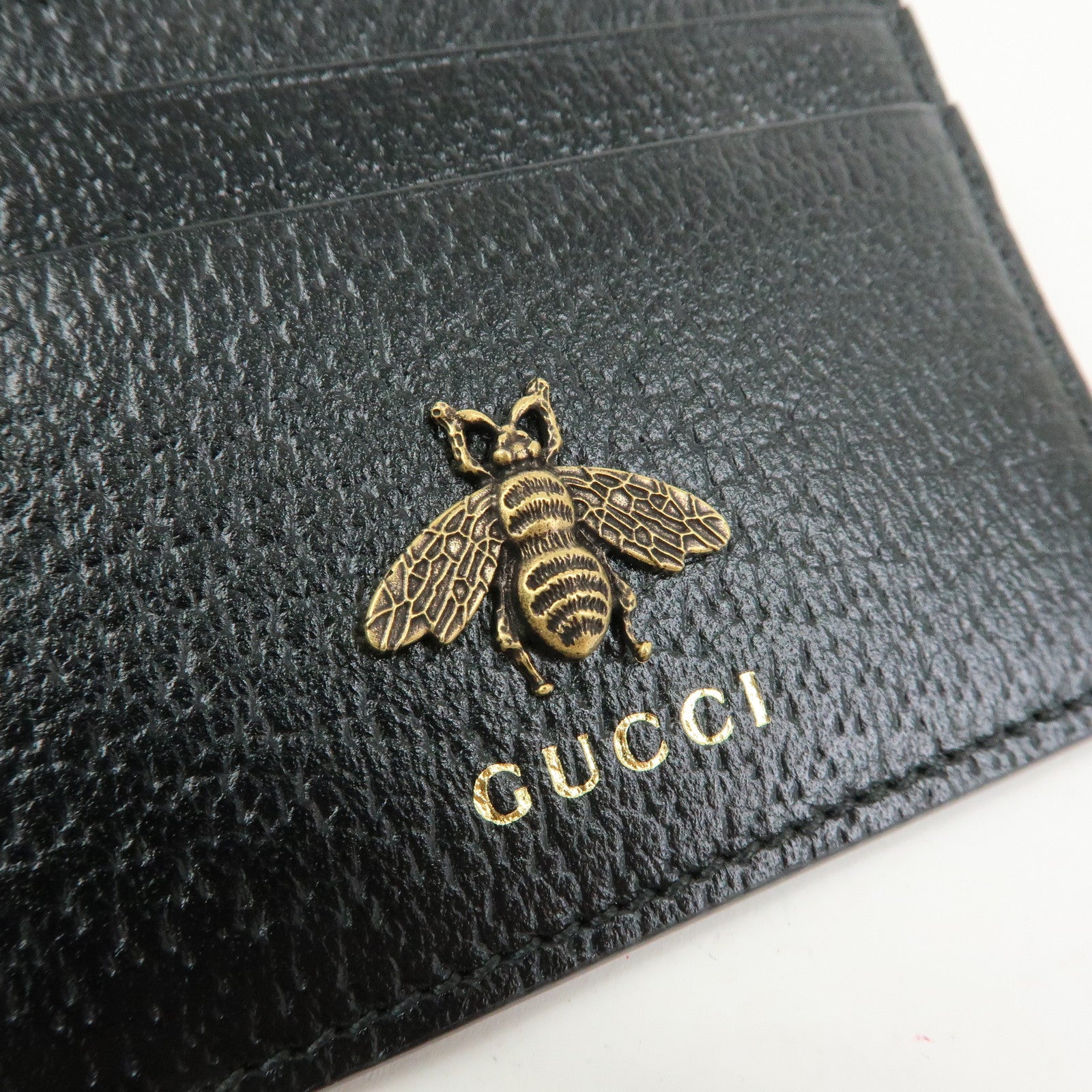 GUCCI Animalier Leather Card Case Card Holder Bee Motif Black 523685