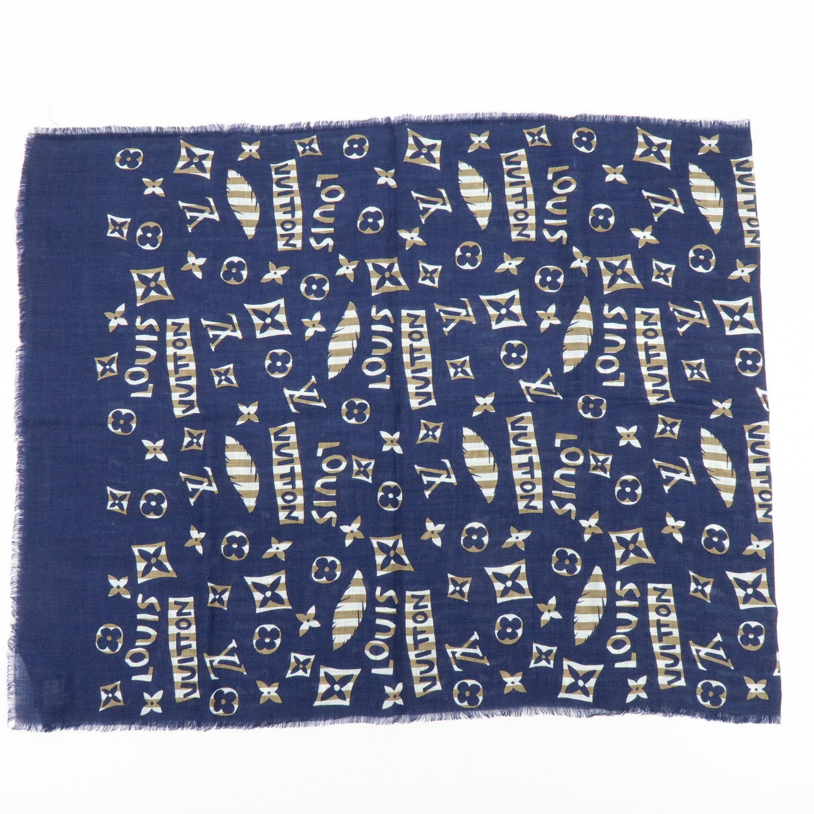 Louis Vuitton Monogram Linen Silk Scarf Shawl Navy Light Brown