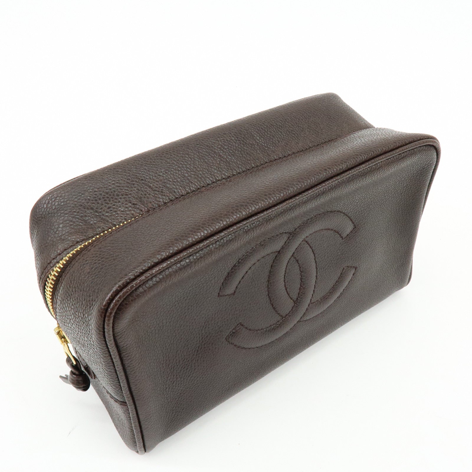 CHANEL COCO Mark Caviarskin Pouch Cosmetic Pouch Dark Brown A01996