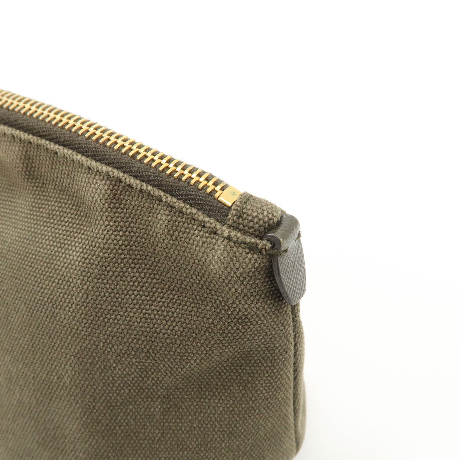 PRADA Triangle Logo Canvas Leather Cosmetic Pouch Khaki 1N1857 Used