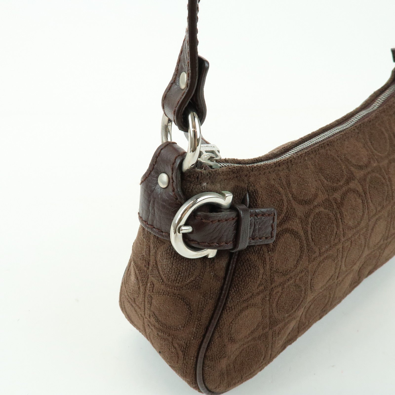 Ferragamo Gancini Pile Leather Shoulder Bag Hand Bag Dark Brown