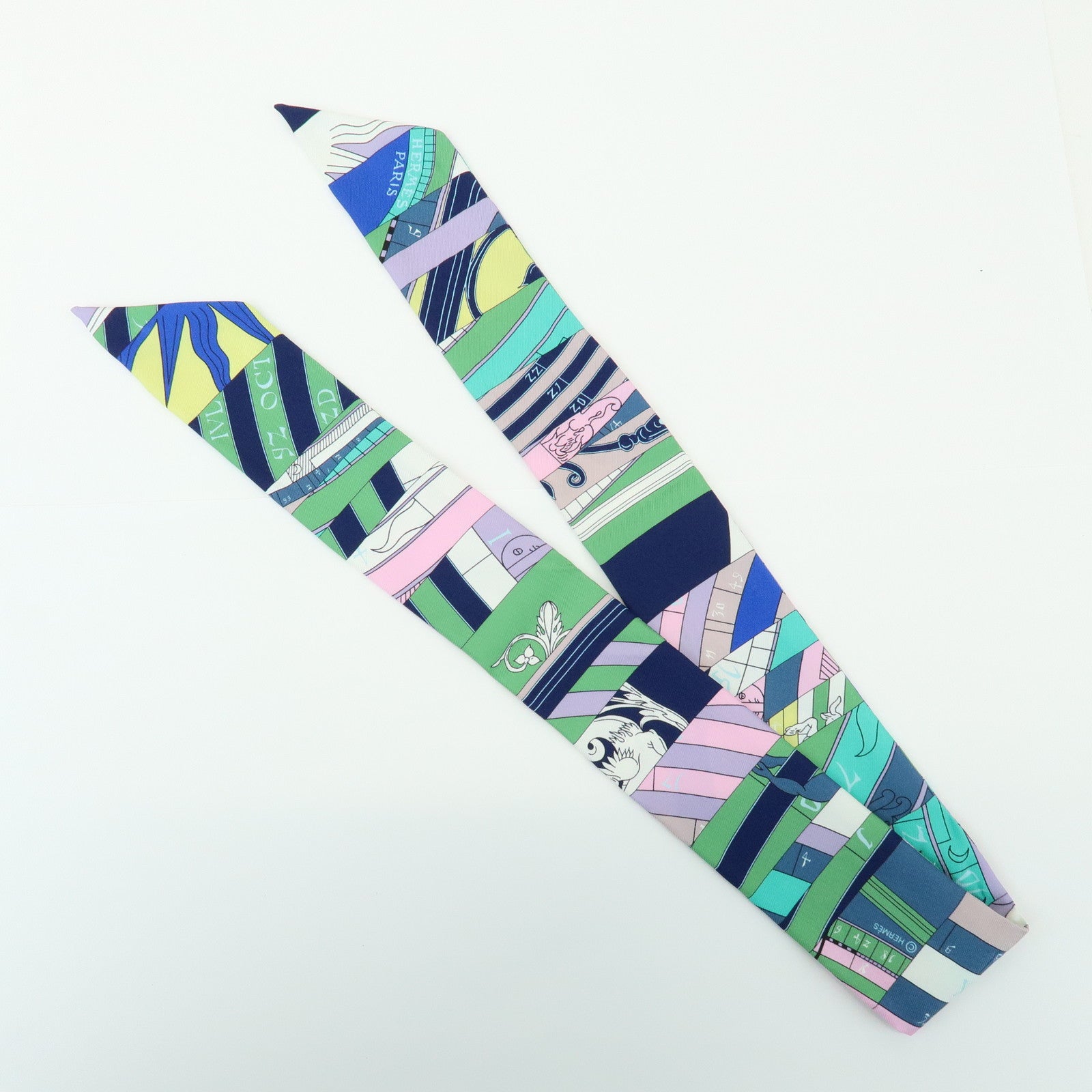 HERMES Twilly Silk 100% Scarf ASTROLOGIE NOUVELLE Green Blue Pink