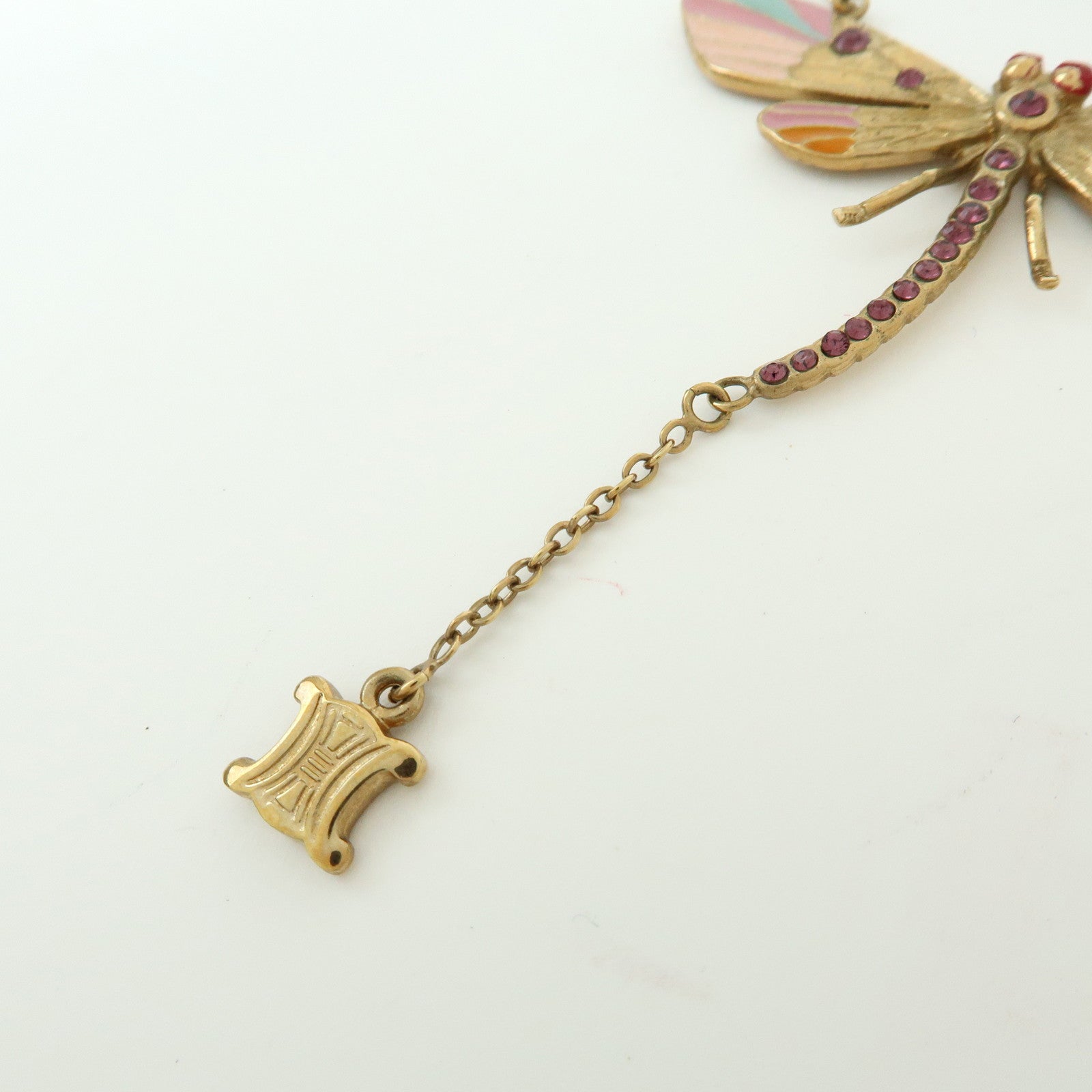 CELINE Macadam Metal Rhinestone Dragonfly Motif Necklace Gold