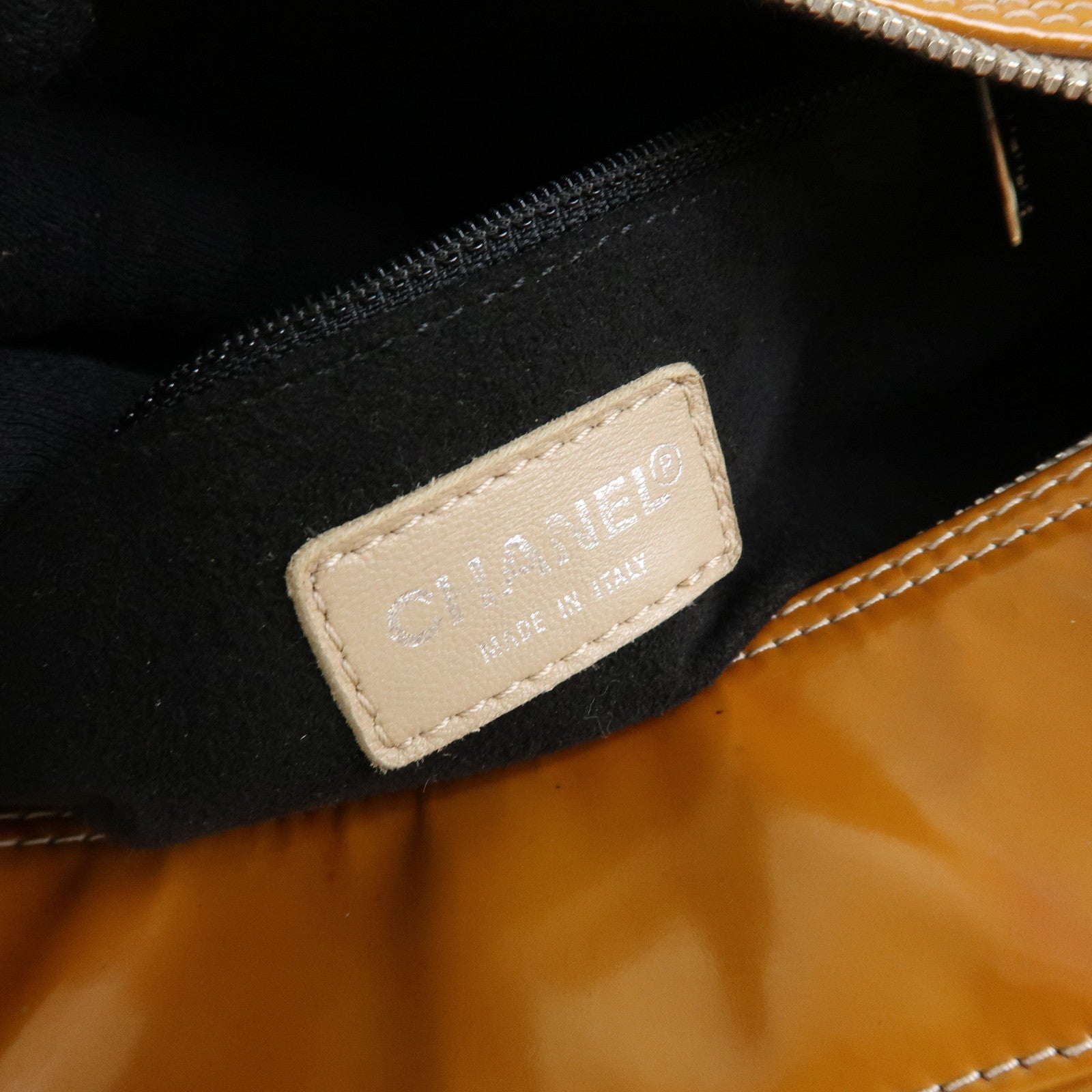 CHANEL Chocolate Bar COCO Mark Patent Leather Boston Bag Hand Bag Camel