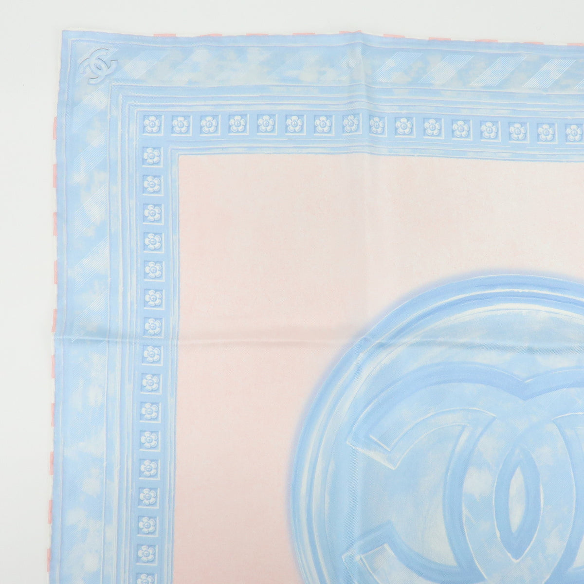 CHANEL COCO Mark Silk 100% Scarf Pink Sky Blue White