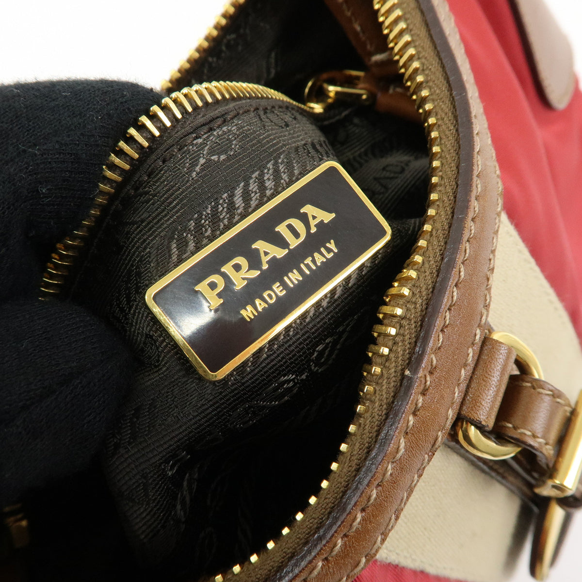PRADA Triangle Logo Nylon Leather Shoulder Bag Red Beige Brown