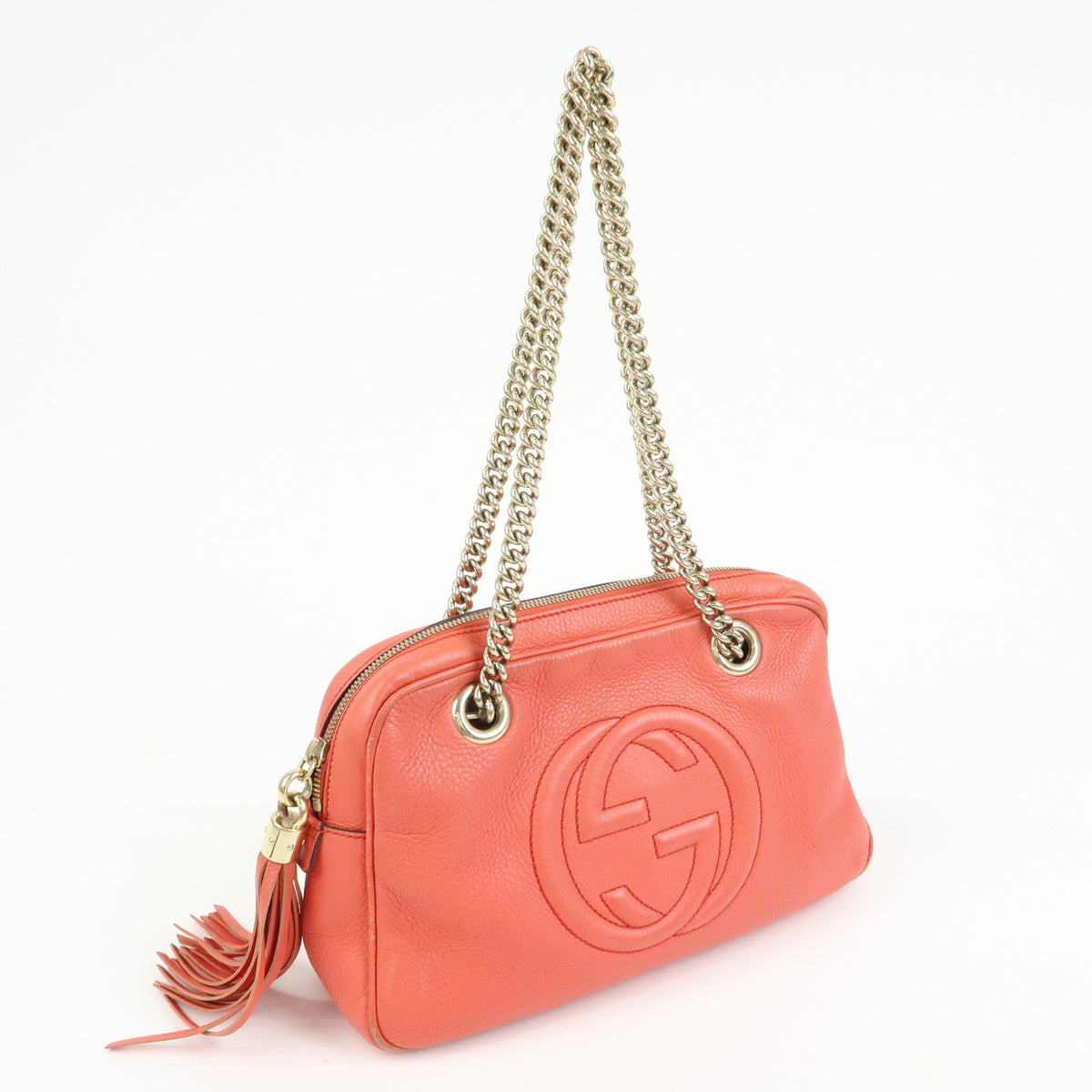 GUCCI SOHO Interlocking G Leather Chain Shoulder Bag Coral 308983