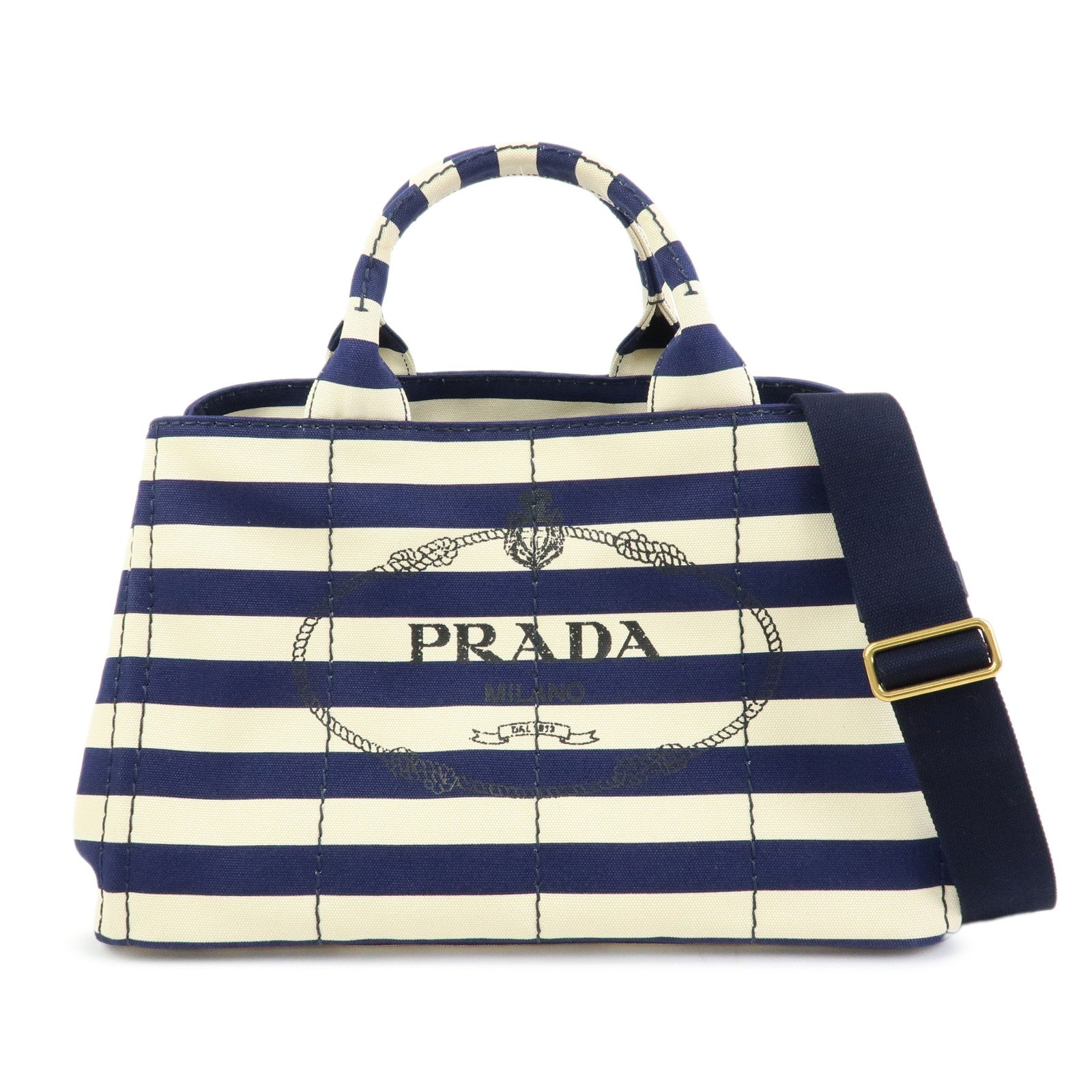 PRADA Canapa Canvas 2Way Bag Hand Bag Stripe Blue White B2642B