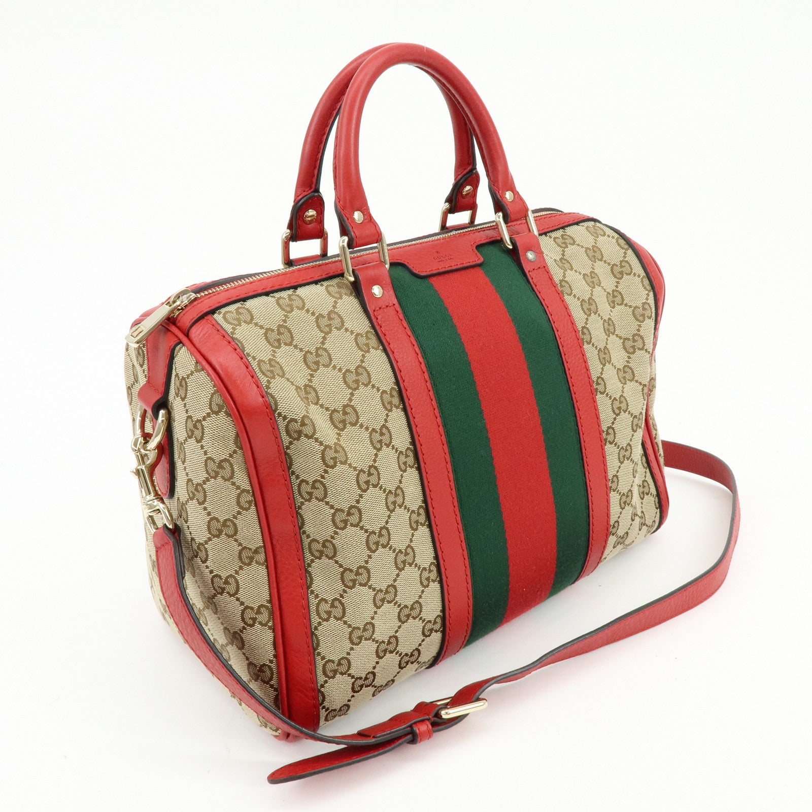 GUCCI Sherry GG Canvas Leather 2Way Bag Boston Bag Beige Red 247205