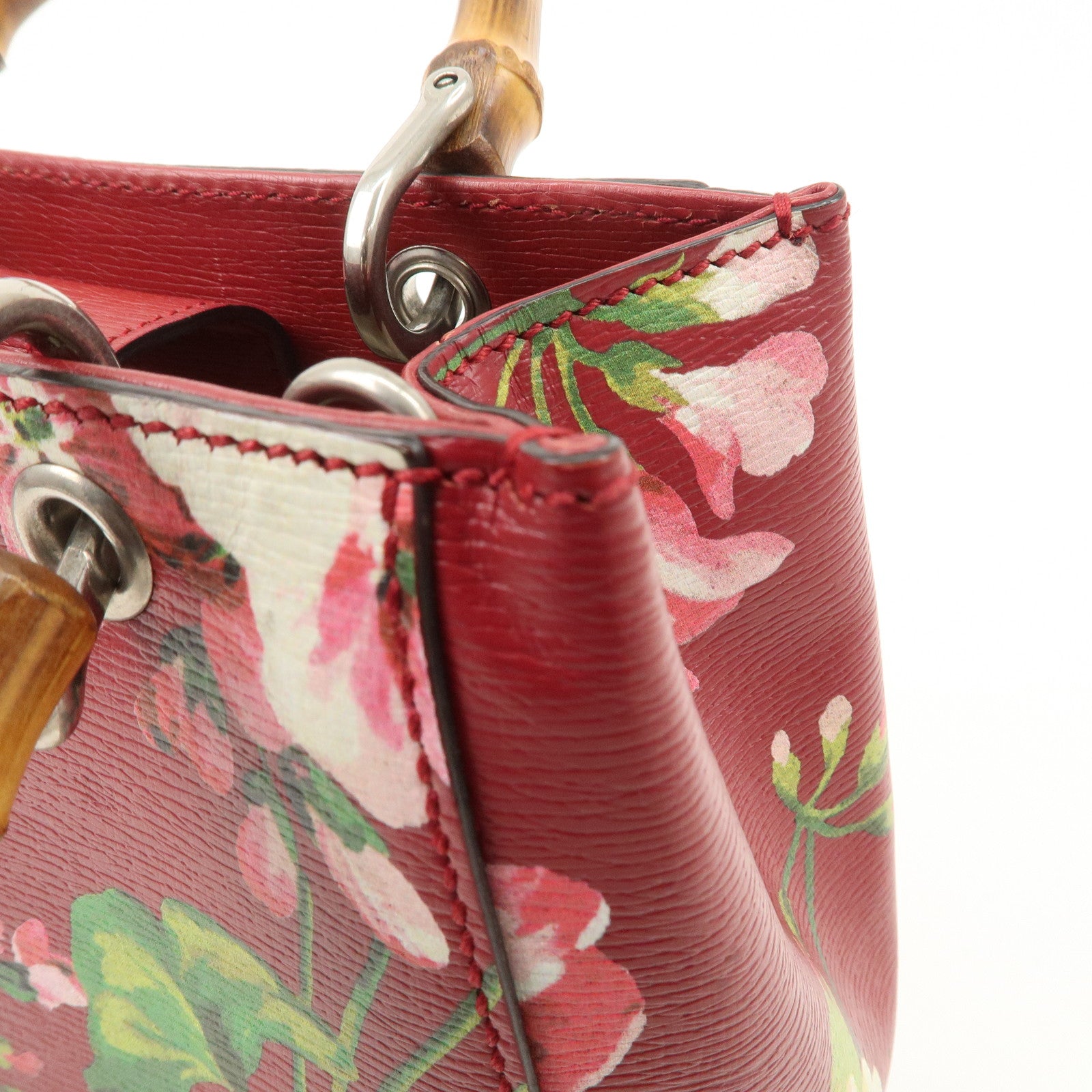 GUCCI Bamboo Leather Flower Mini Shopper 2Way Hand Bag Red 368823 Used