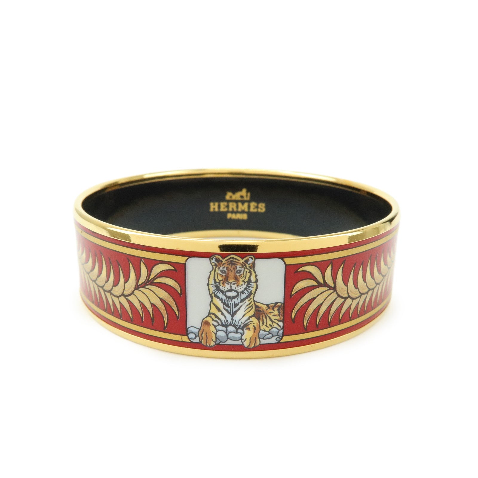 HERMES Email GM Plated Bangle Bracelet Tigre Royal Red Gold