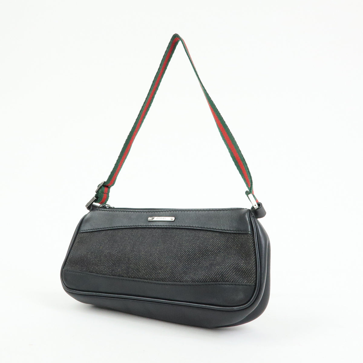 GUCCI Sherry Accessory Pouch Denim Canvas Leather Hand Bag Black 92820