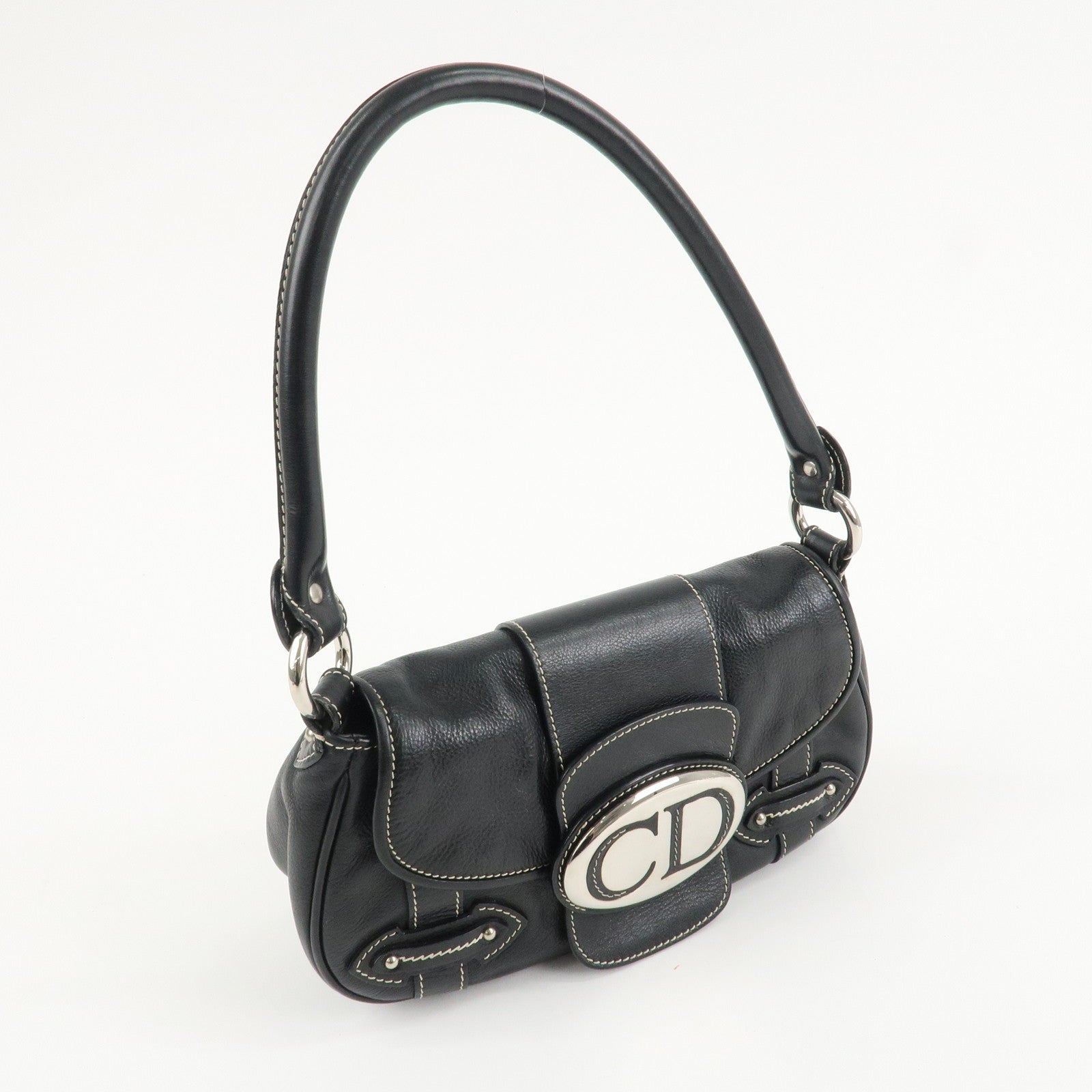 Christian Dior CD Logo Leather Shoulder Bag Hand Bag Black Used