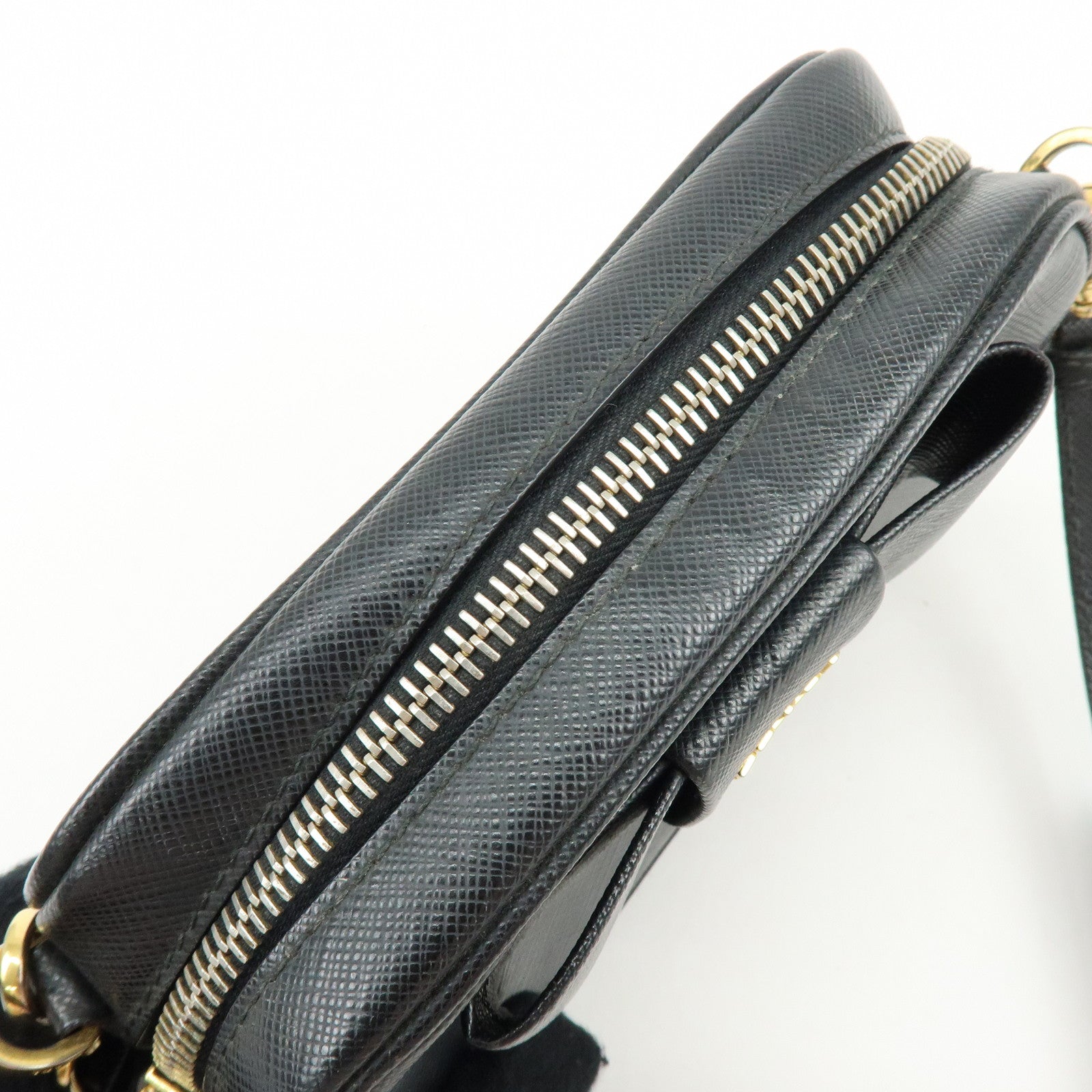 PRADA Saffiano Leather Shoulder Crossbody Bag Ribbon Motif Black 1NF674