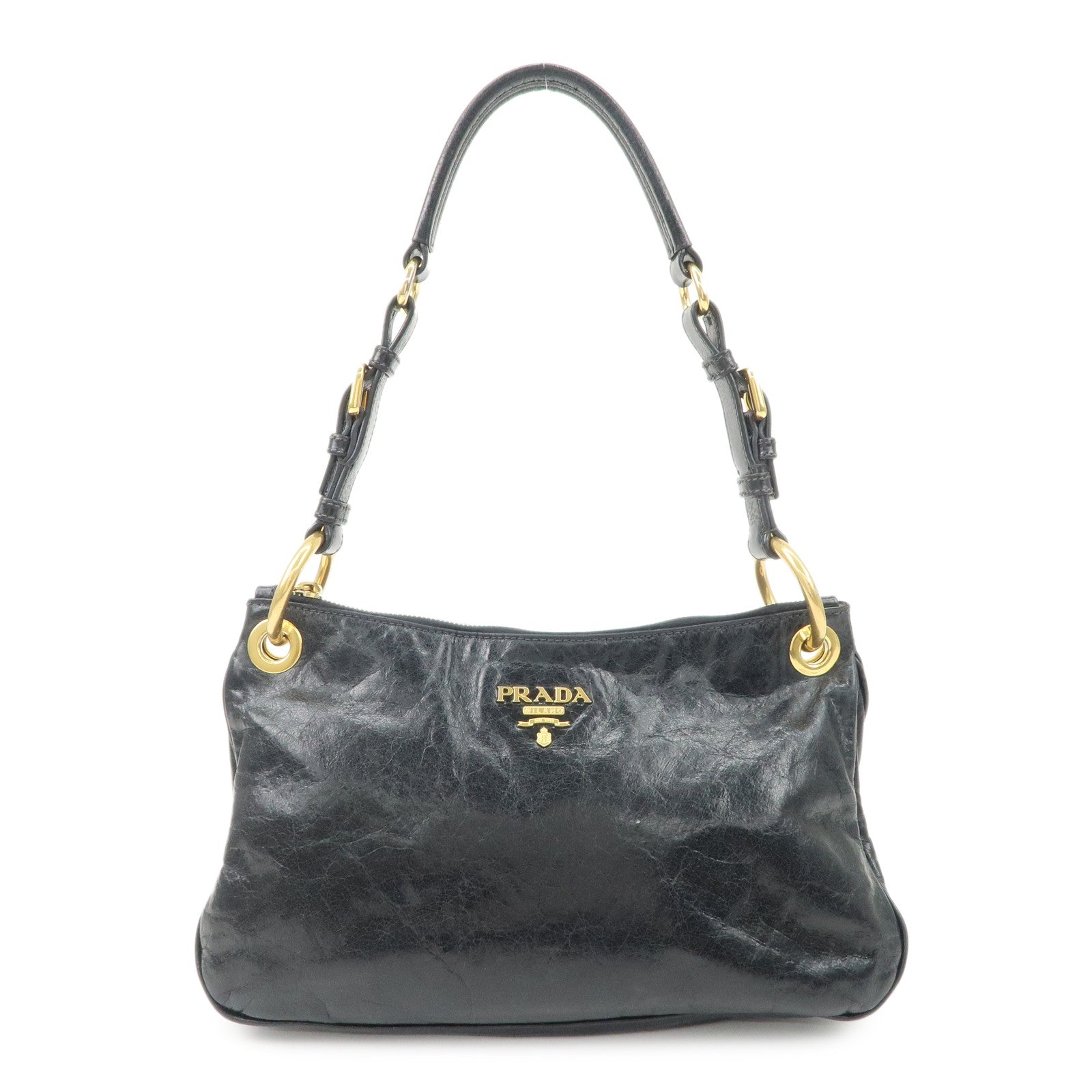 PRADA Logo Leather Shoulder Bag Hand Bag Gold Hardware Black Used