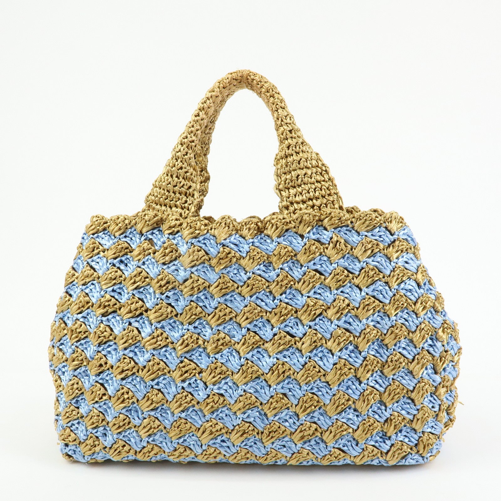 PRADA Triangle Logo Canapa Raffia Tote Bag Hand Bag Beige Blue