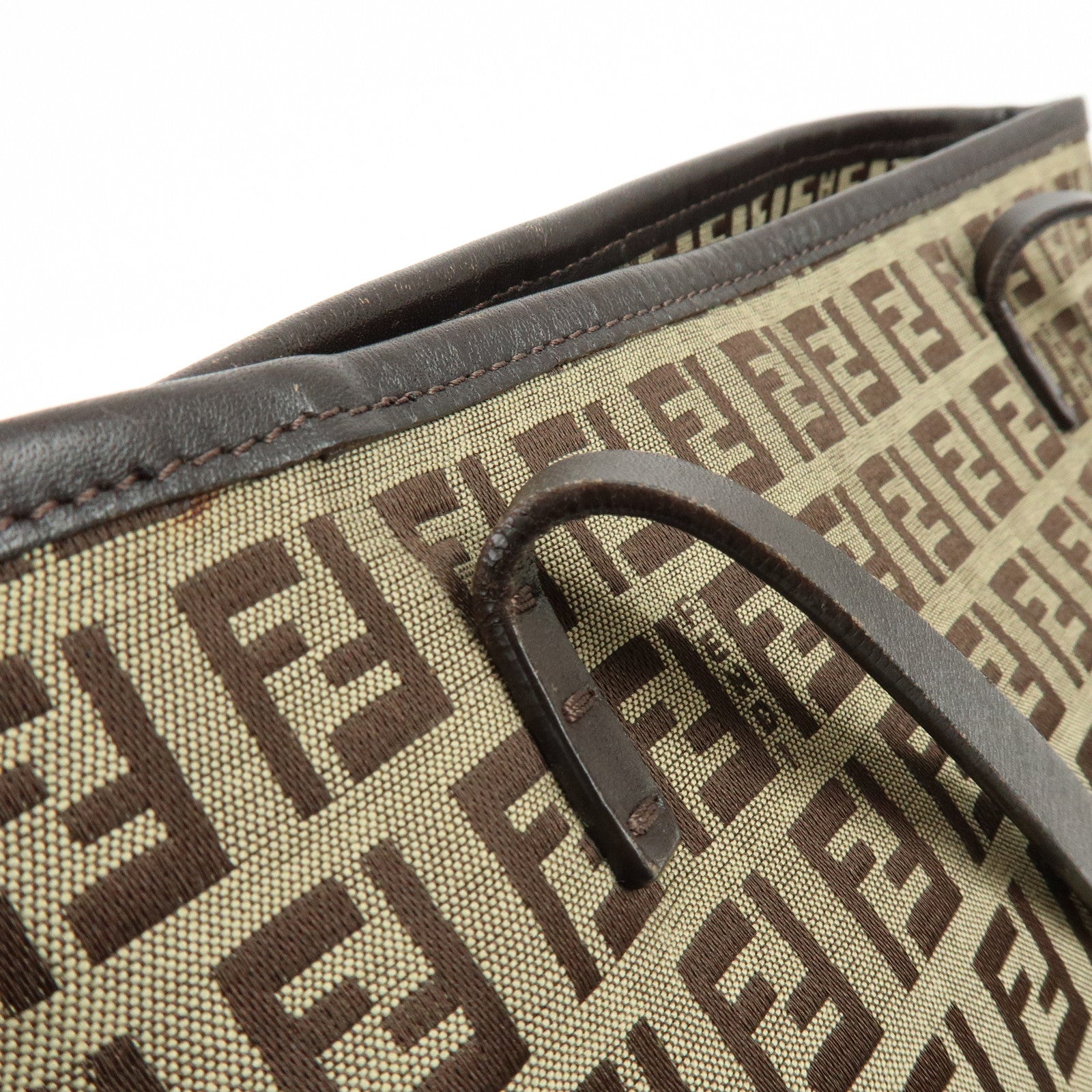 FENDI Zucchino Canvas Leather Tote Bag Hand Bag Shoulder Bag Brown