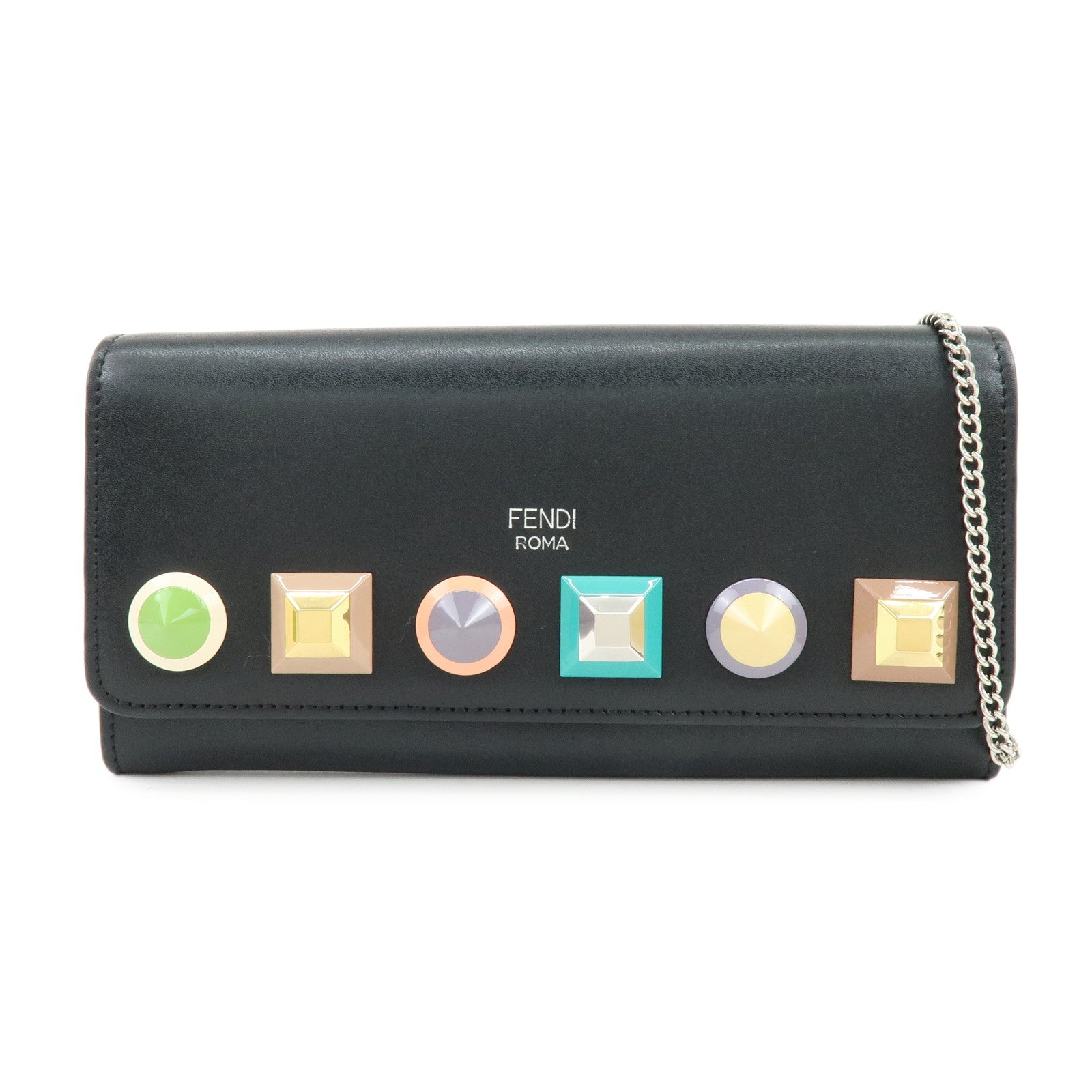 FENDI Leather Studs Chain Shoulder Wallet Long Wallet Black 8M0365