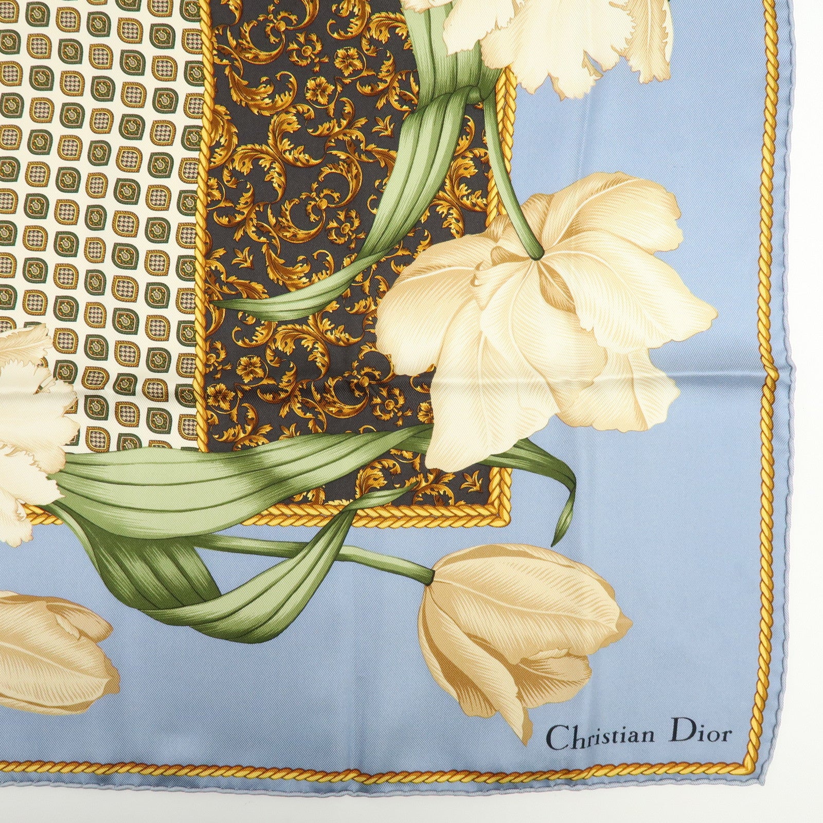 Christian Dior Silk 100% Scarf Tulips Geometric Pattern Blue Brown
