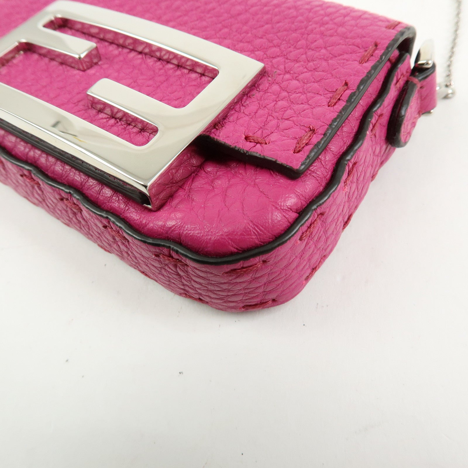 FENDI Nano Baguette Leather Mini Chain Shoulder Bag Charm Pink 7AS045