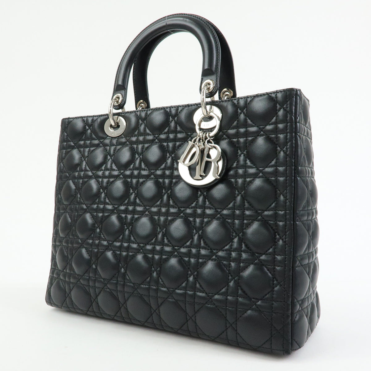 Christian Dior Lady Dior Cannage Lamb Skin Hand Bag Black
