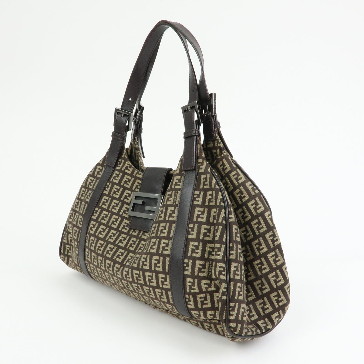 FENDI Zucchino Canvas Leather Shoulder Bag Hand Bag Beige Brown 8BR463