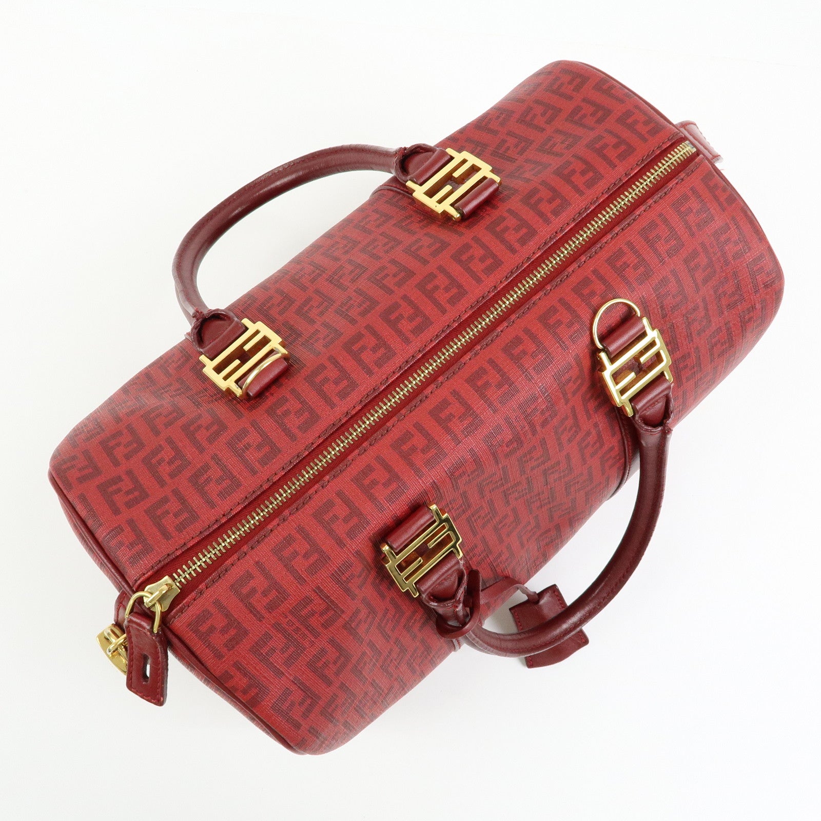 FENDI Zucchino PVC Leather Boston Bag Hand Bag Red 8BL098