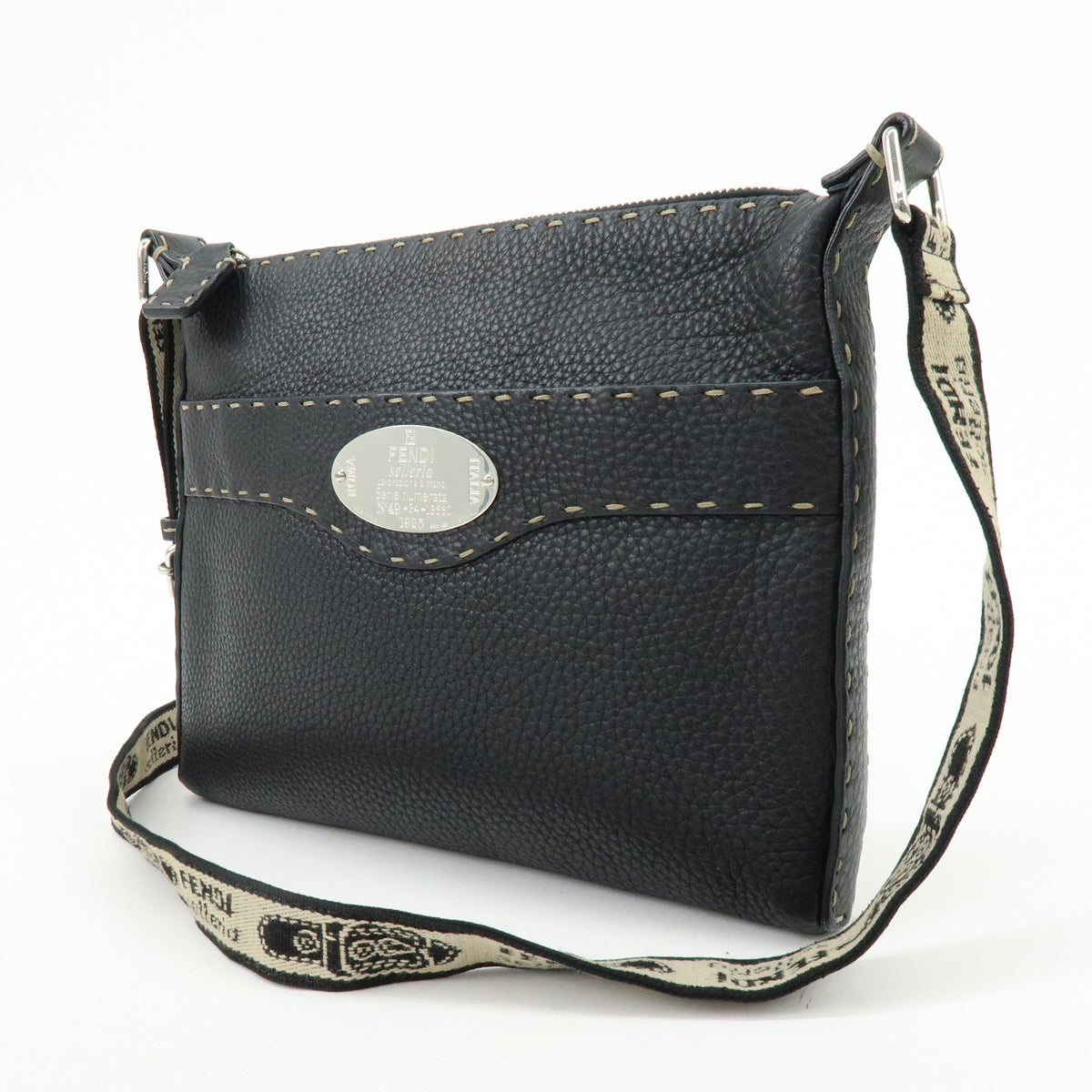 FENDI Selleria Leather Canvas Shoulder Bag Crossbody Bag Black 8BT092
