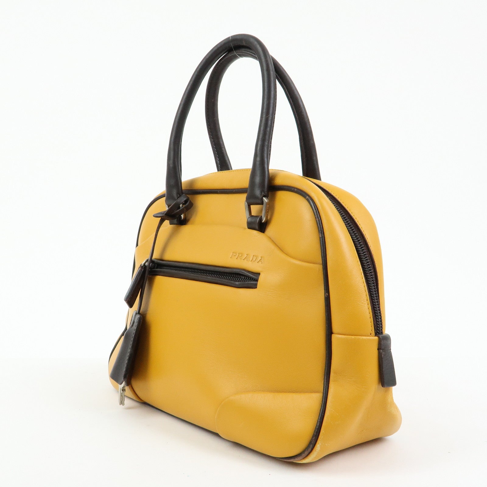 PRADA Leather Bicolor Hand Bag Bowling Bag Yellow Brown