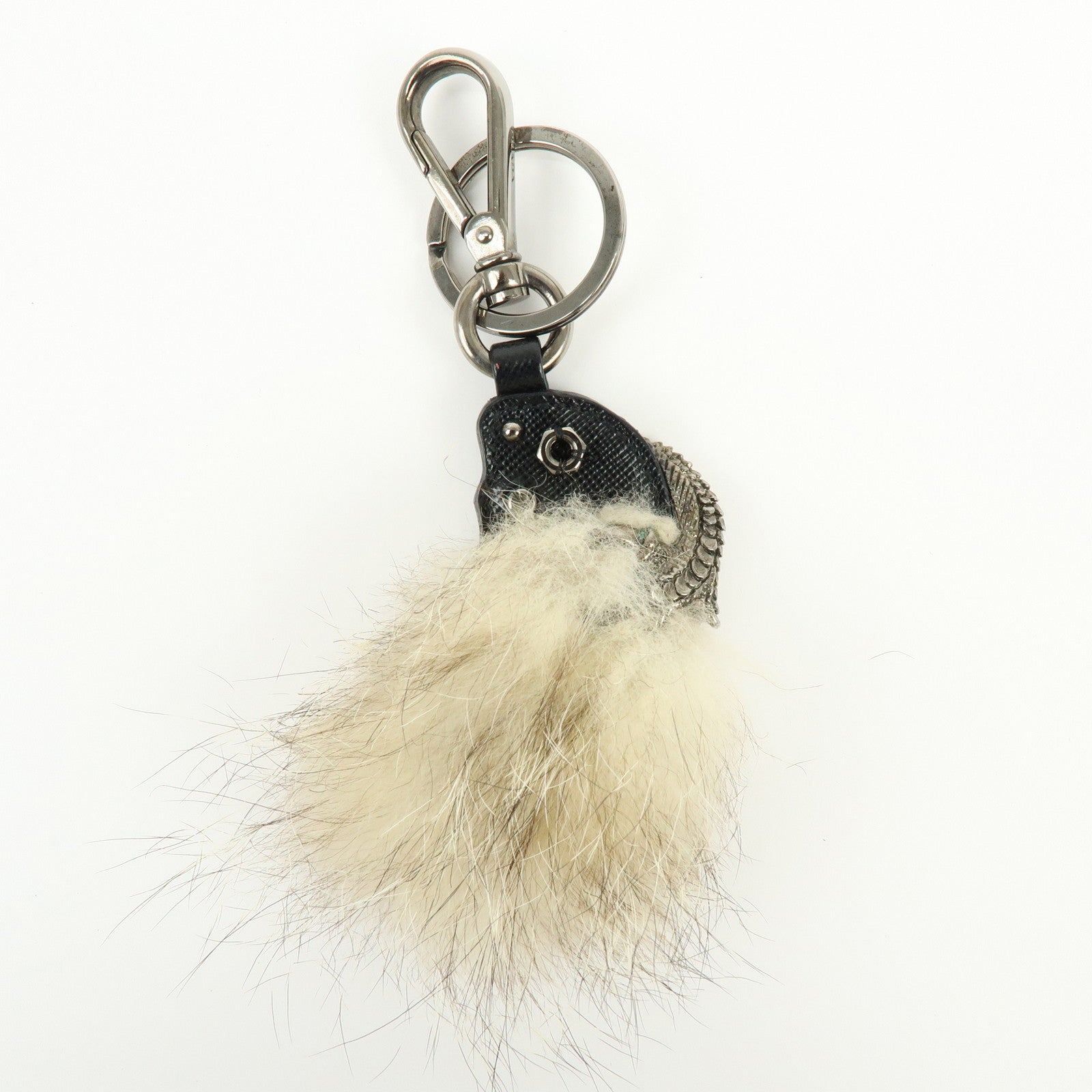 PRADA Triangle Log Saffiano Leather Fur Bag Charm Key Charm Beige