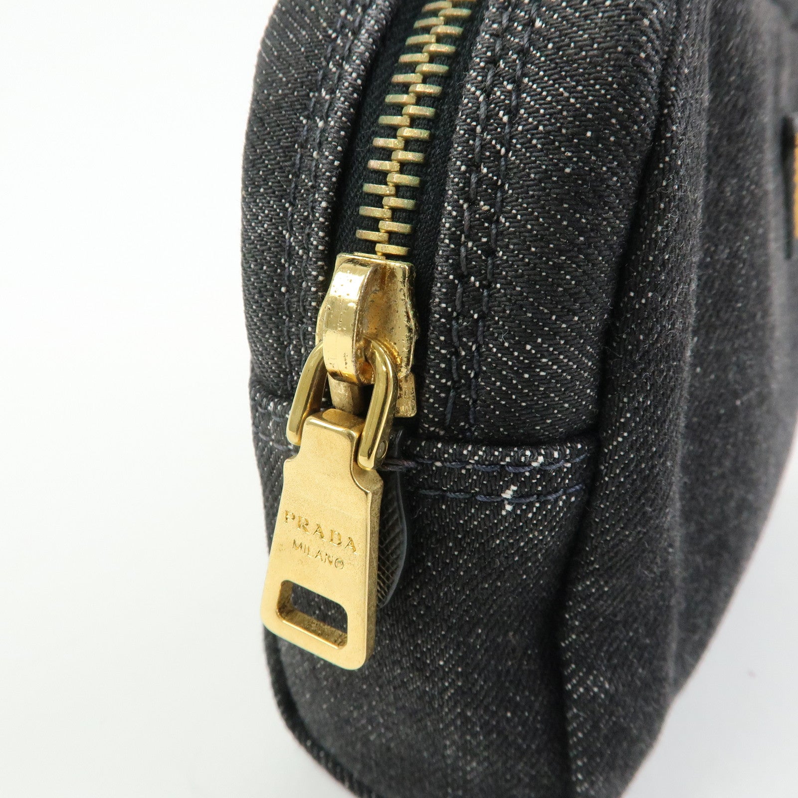 PRADA Triangle Logo Denim Cosmetic Pouch Black Gold