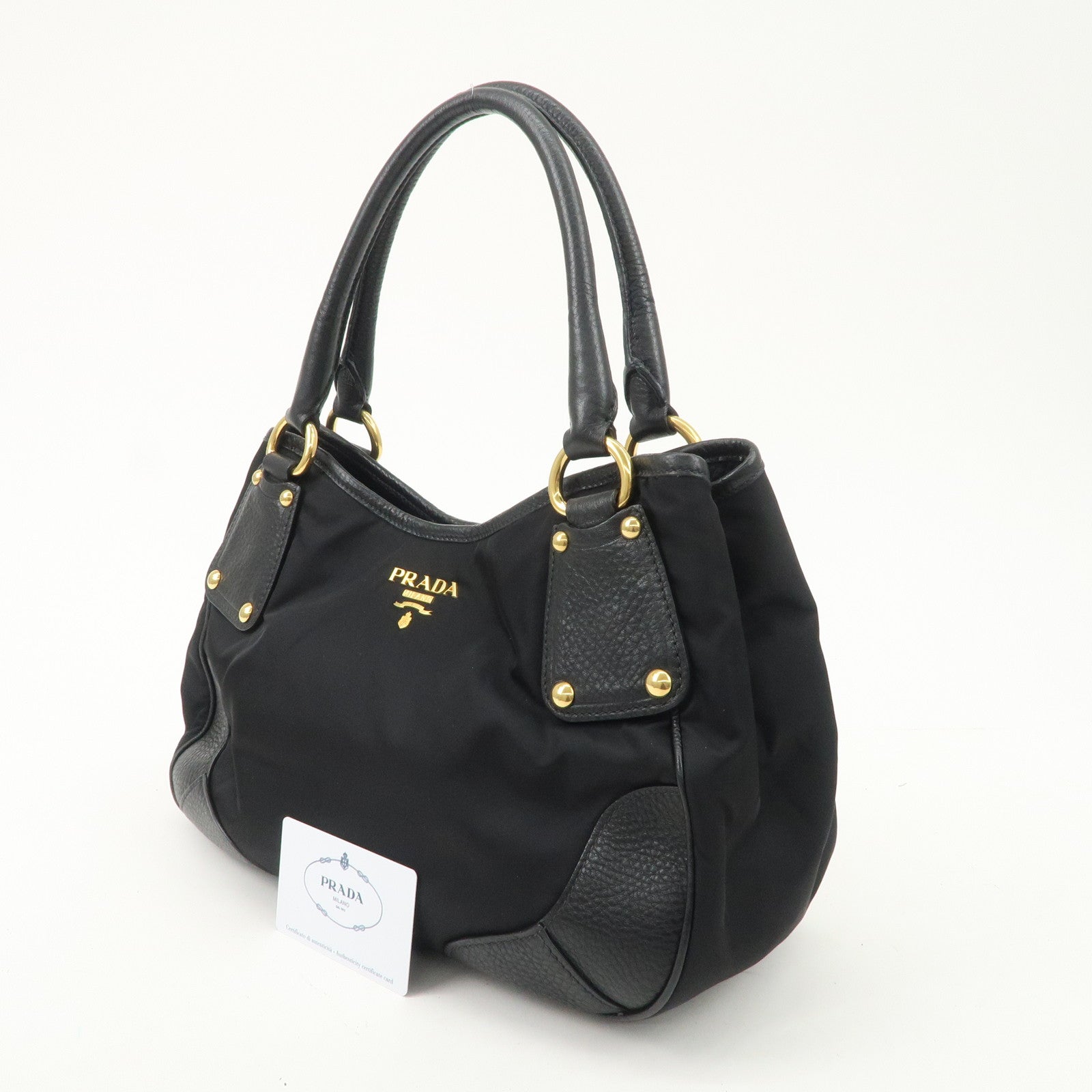 PRADA Nylon Leather Tote Bag Shoulder Bag Black Gold HDW BR4635 Used