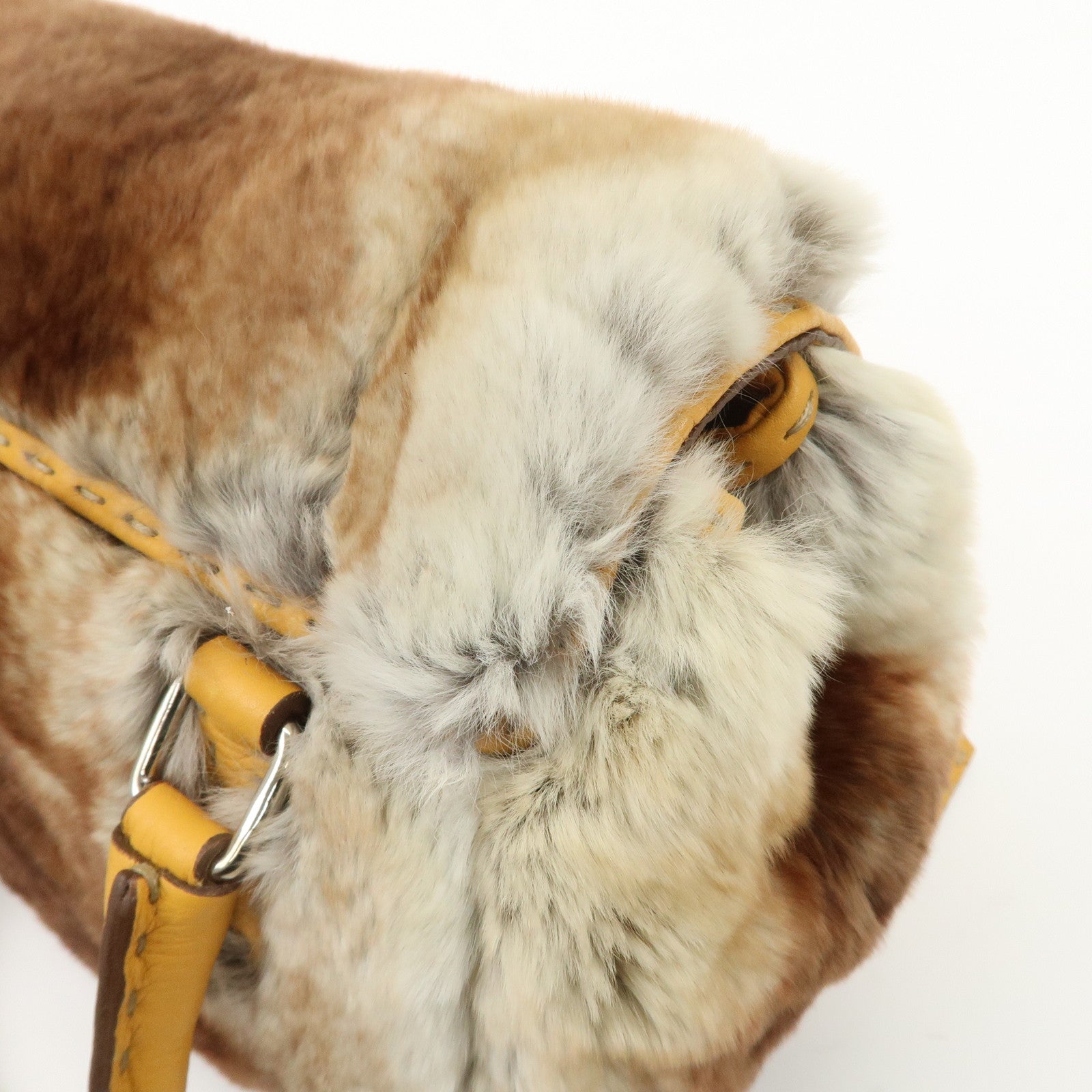 FENDI Seleria Leather Fur Mini Linda Hand Bag Brown White 8BR486 Used