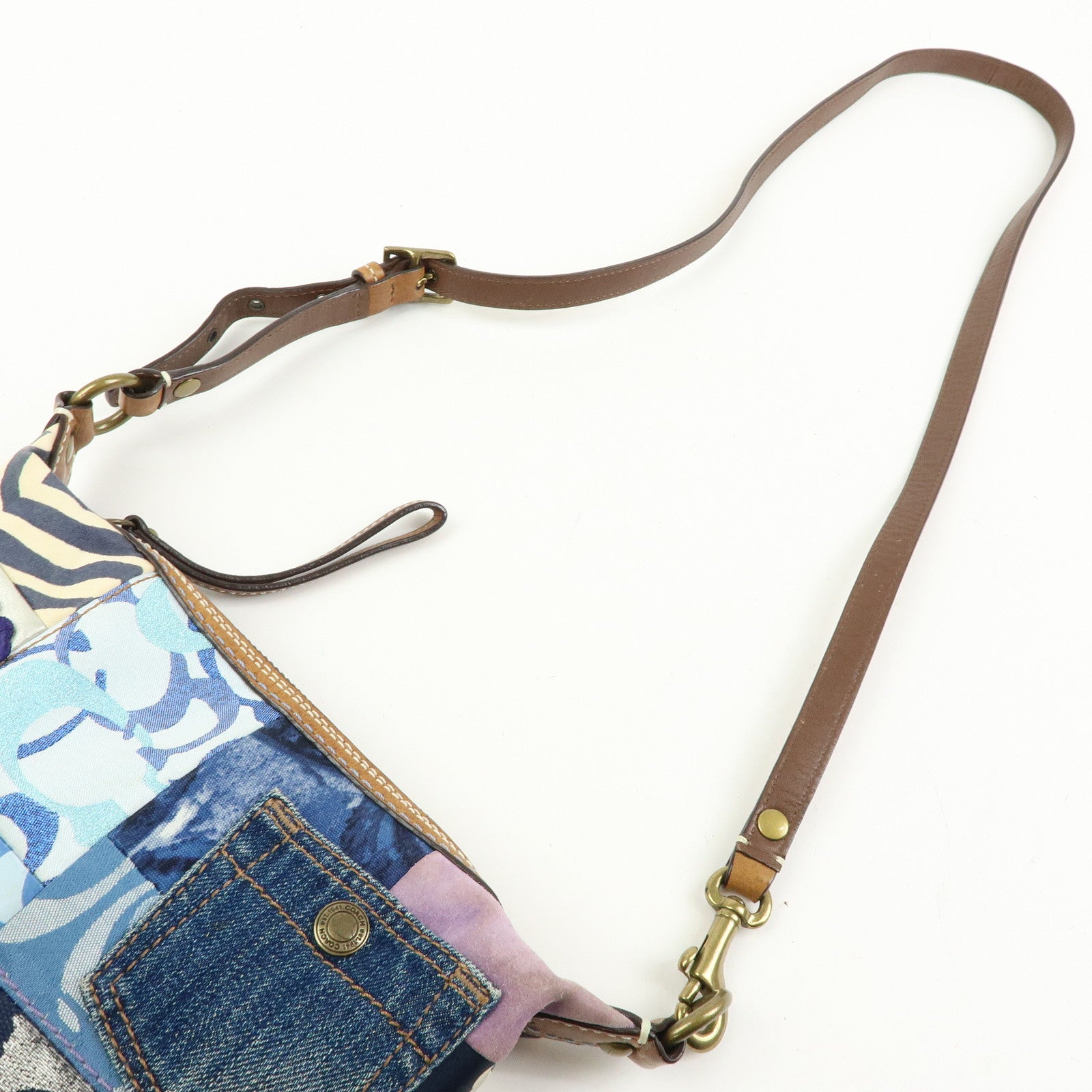 COACH Sigunature Canvas Silk Leather Patchwork Shoulder Bag Blue Brown